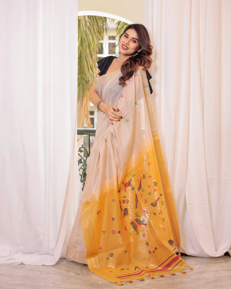 Buy MySilkLove Vanila Cream and Yellow Woven Muga Cotton Saree Online