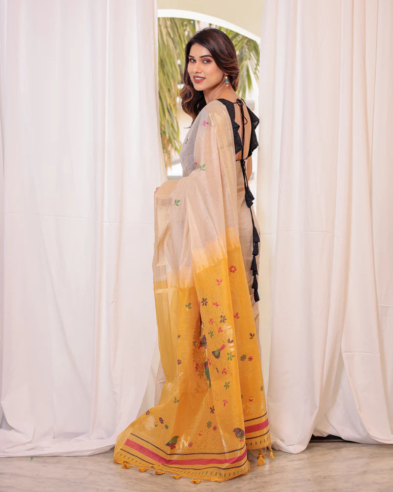 Buy MySilkLove Vanila Cream and Yellow Woven Muga Cotton Saree Online