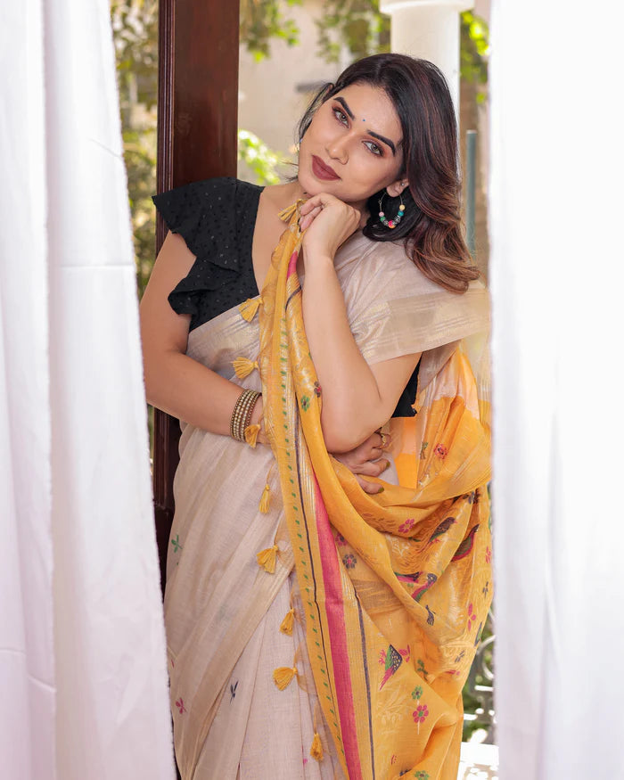 Buy MySilkLove Vanila Cream and Yellow Woven Muga Cotton Saree Online
