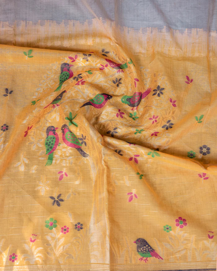 Buy MySilkLove Vanila Cream and Yellow Woven Muga Cotton Saree Online