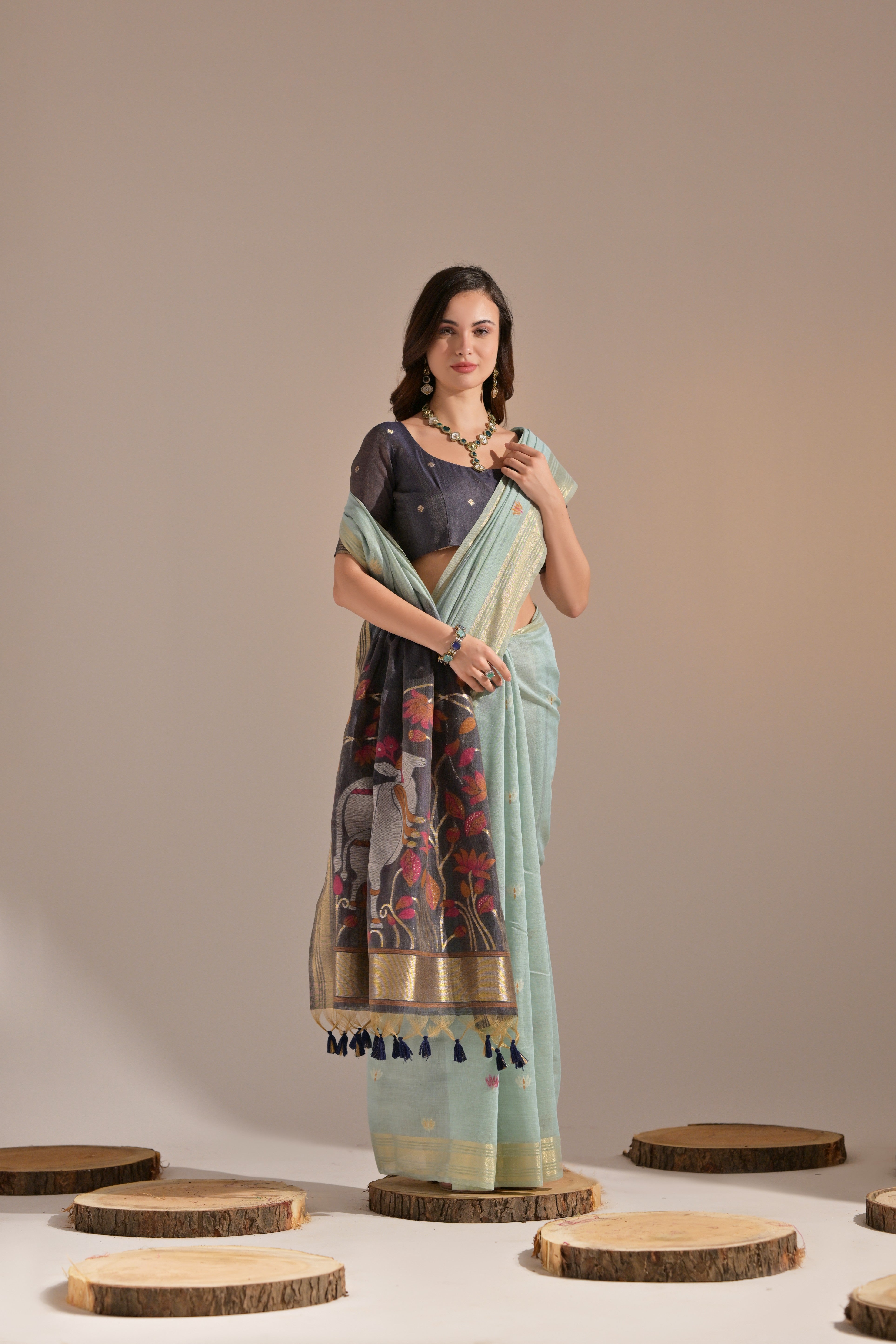 Buy MySilkLove Neptune Blue Woven Muga Cotton Saree Online