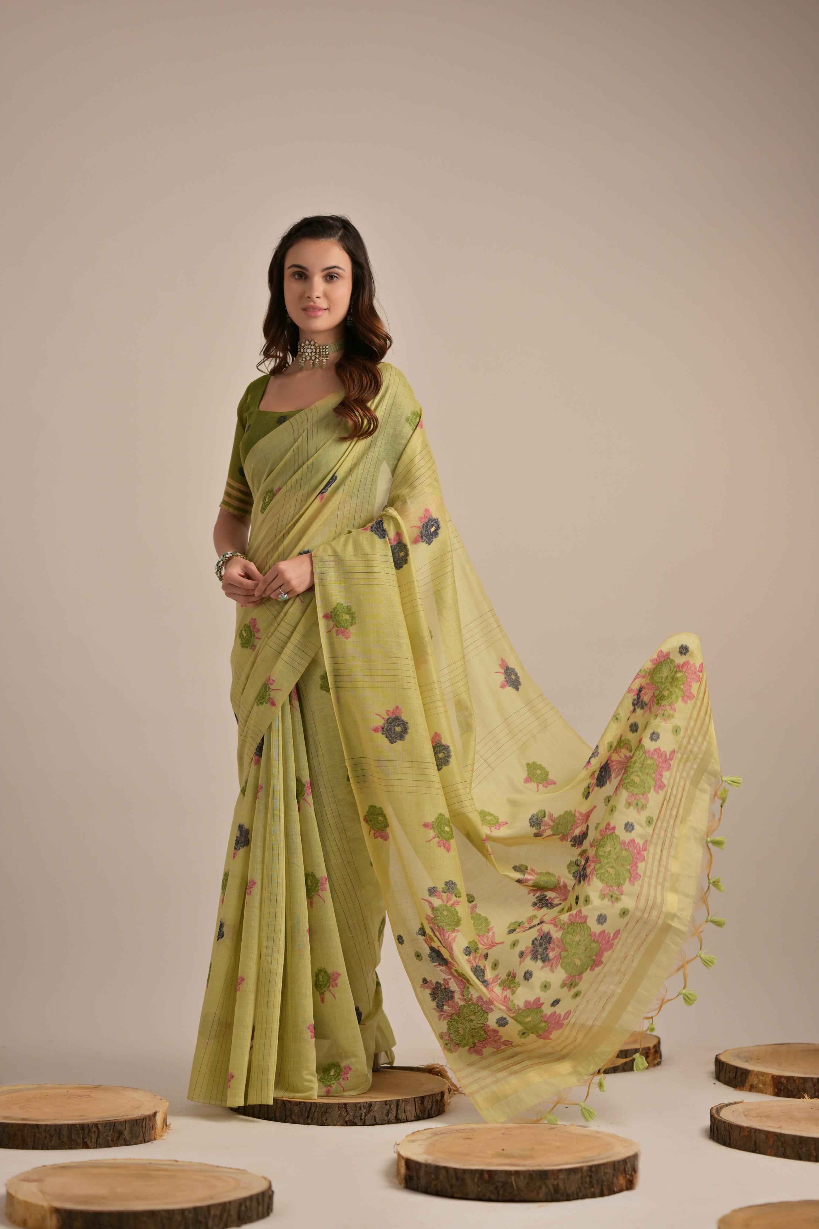 Buy MySilkLove Pea Green Floral Woven Muga Cotton Saree Online