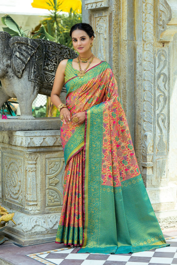Rama Pink and Green Woven Kanjivaram Saree