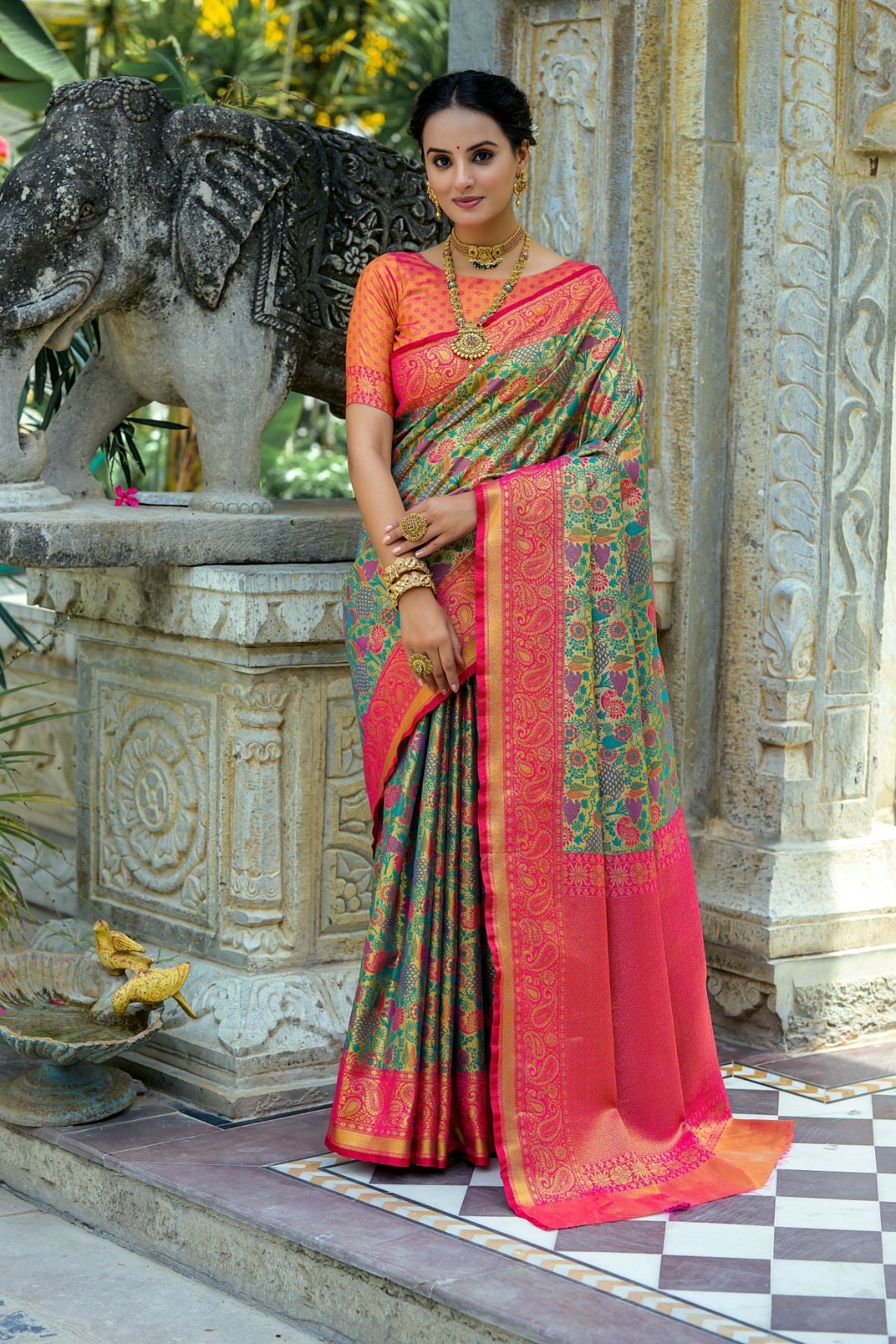 Buy MySilkLove Kelly Green and Pink Woven Kanjivaram Saree Online