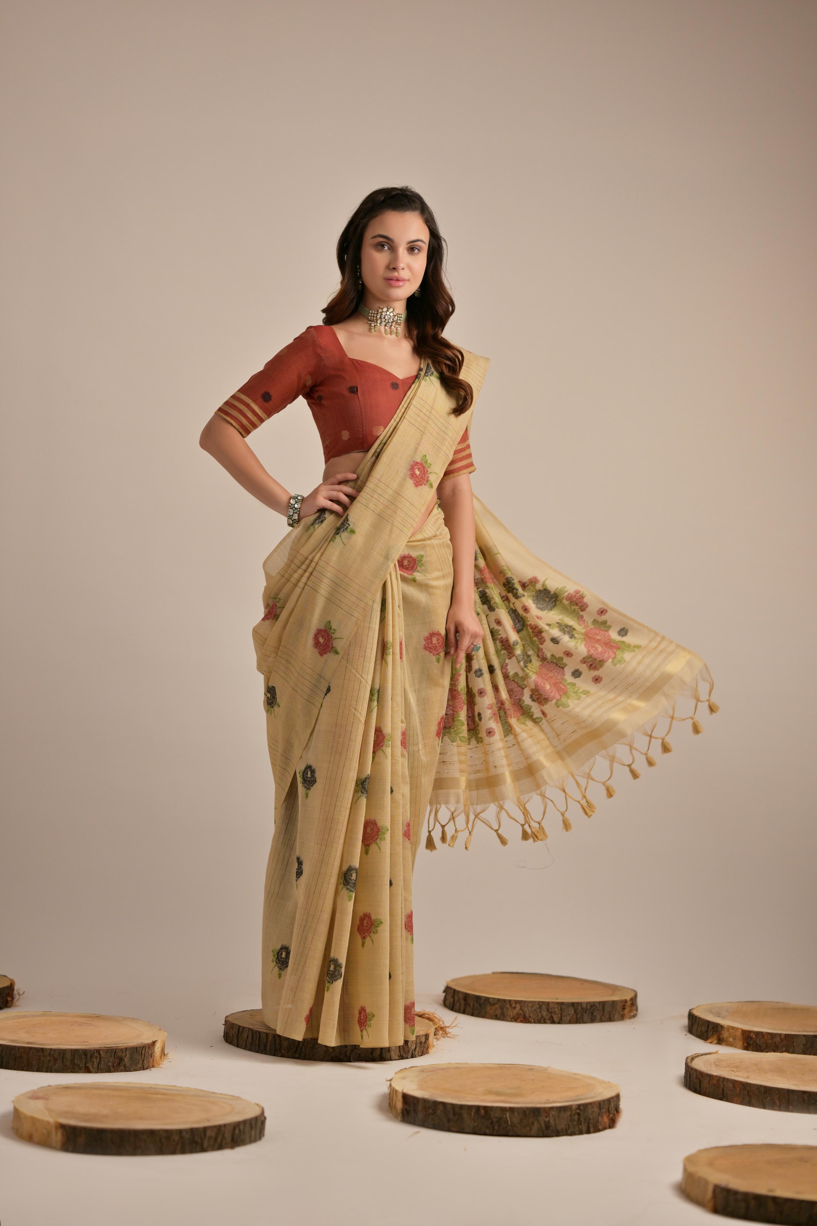 Buy MySilkLove Mustard Yellow Floral Woven Muga Cotton Saree Online