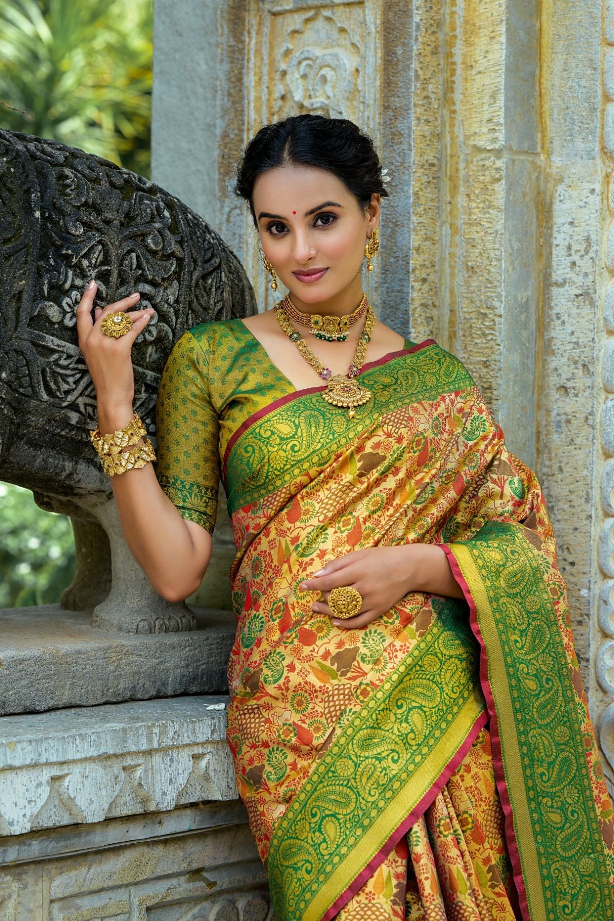 Buy MySilkLove Lady's Mantle Yellow and Green Woven Kanjivaram Saree Online
