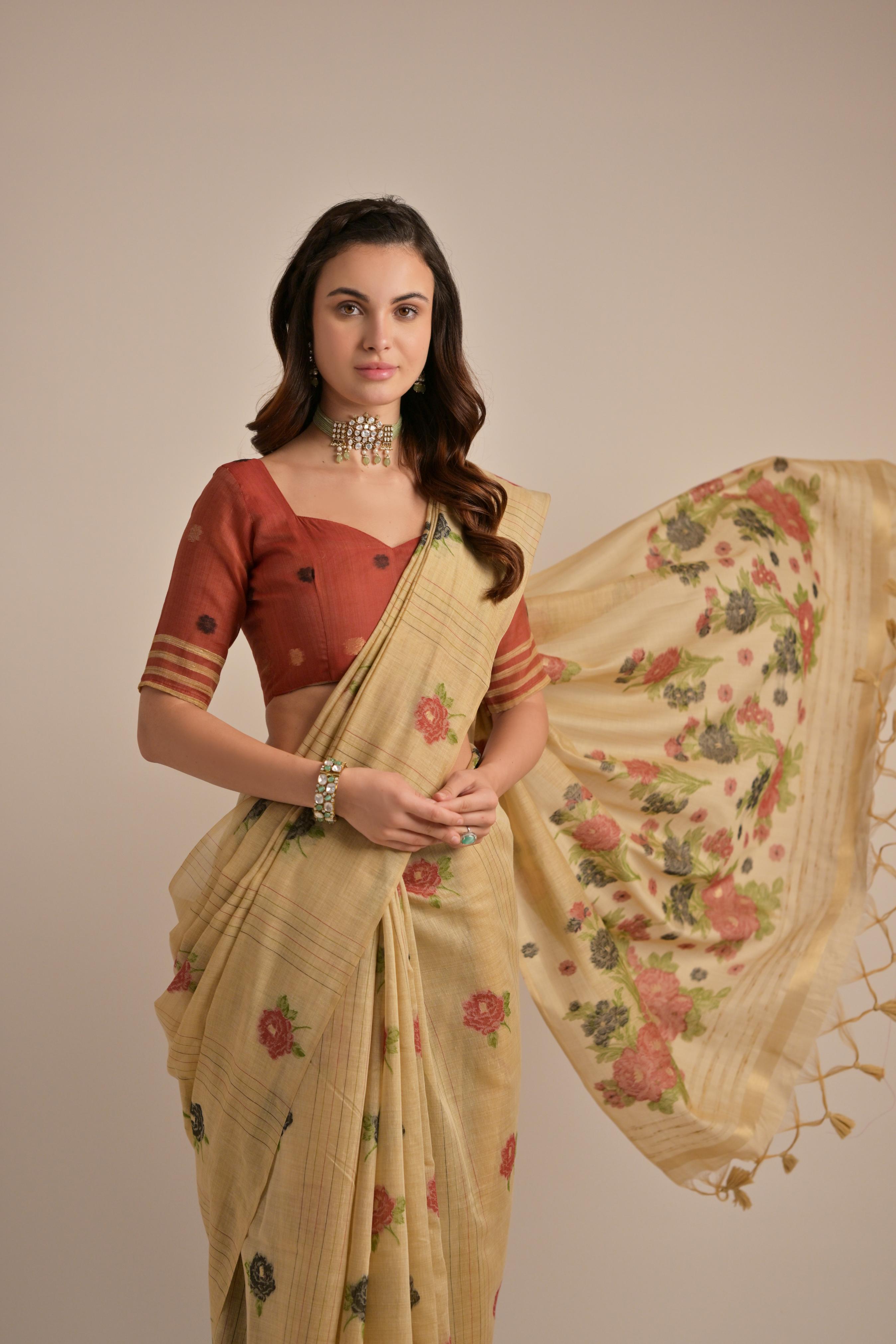 Buy MySilkLove Mustard Yellow Floral Woven Muga Cotton Saree Online