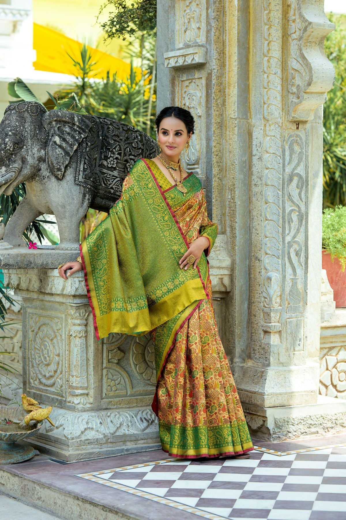 Buy MySilkLove Lady's Mantle Yellow and Green Woven Kanjivaram Saree Online