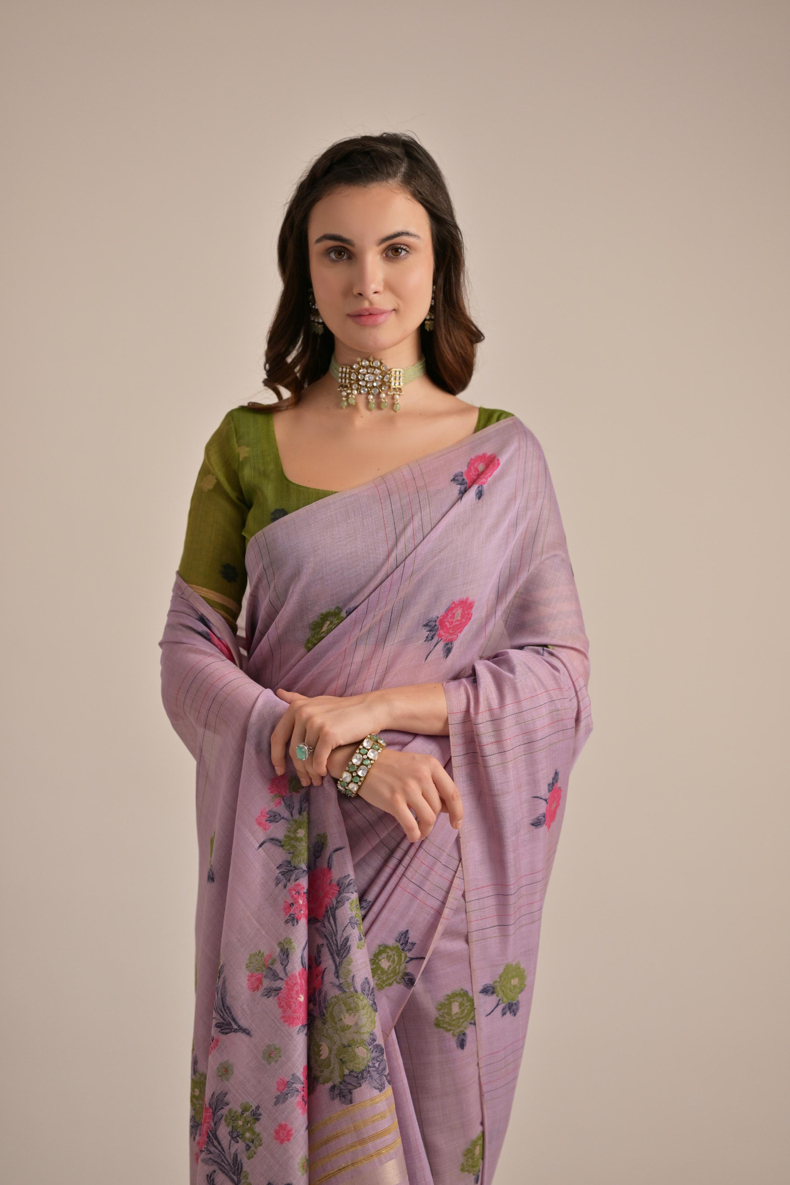 MySilkLove African Lavender Floral Woven Muga Cotton Saree