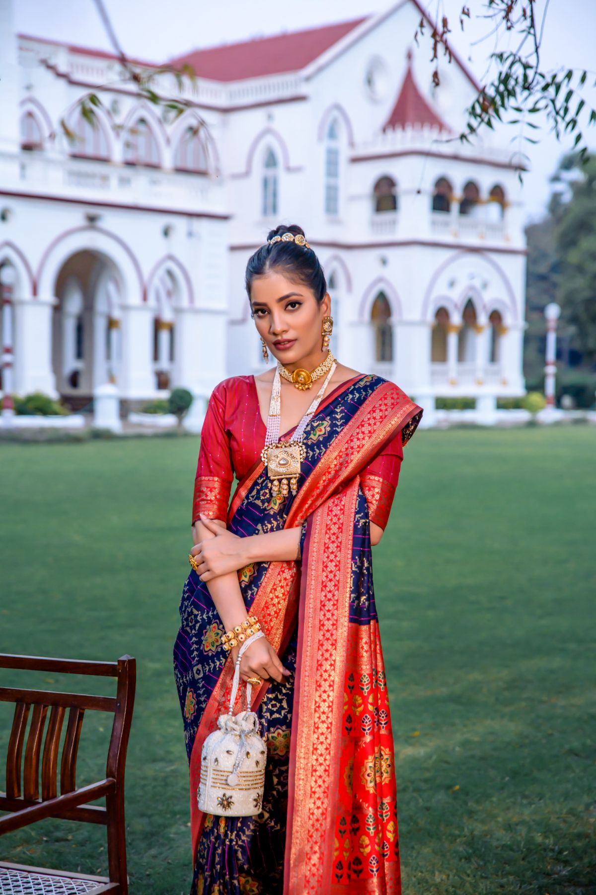 Buy MySilkLove Mulled Blue and Red Banarasi Patola Silk Saree Online