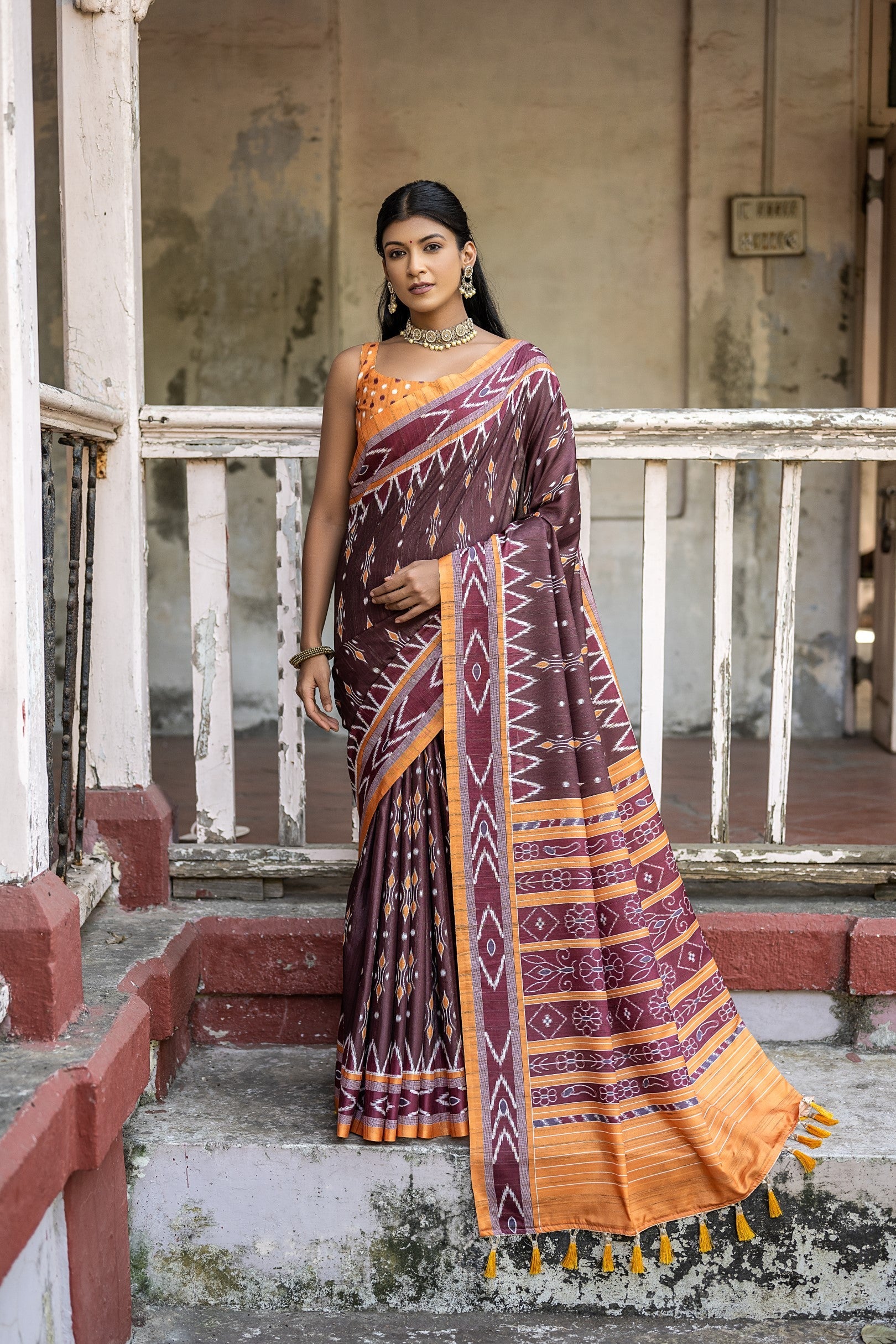 Buy MySilkLove Coffee Brown Ikkat Printed Cotton Silk Saree Online