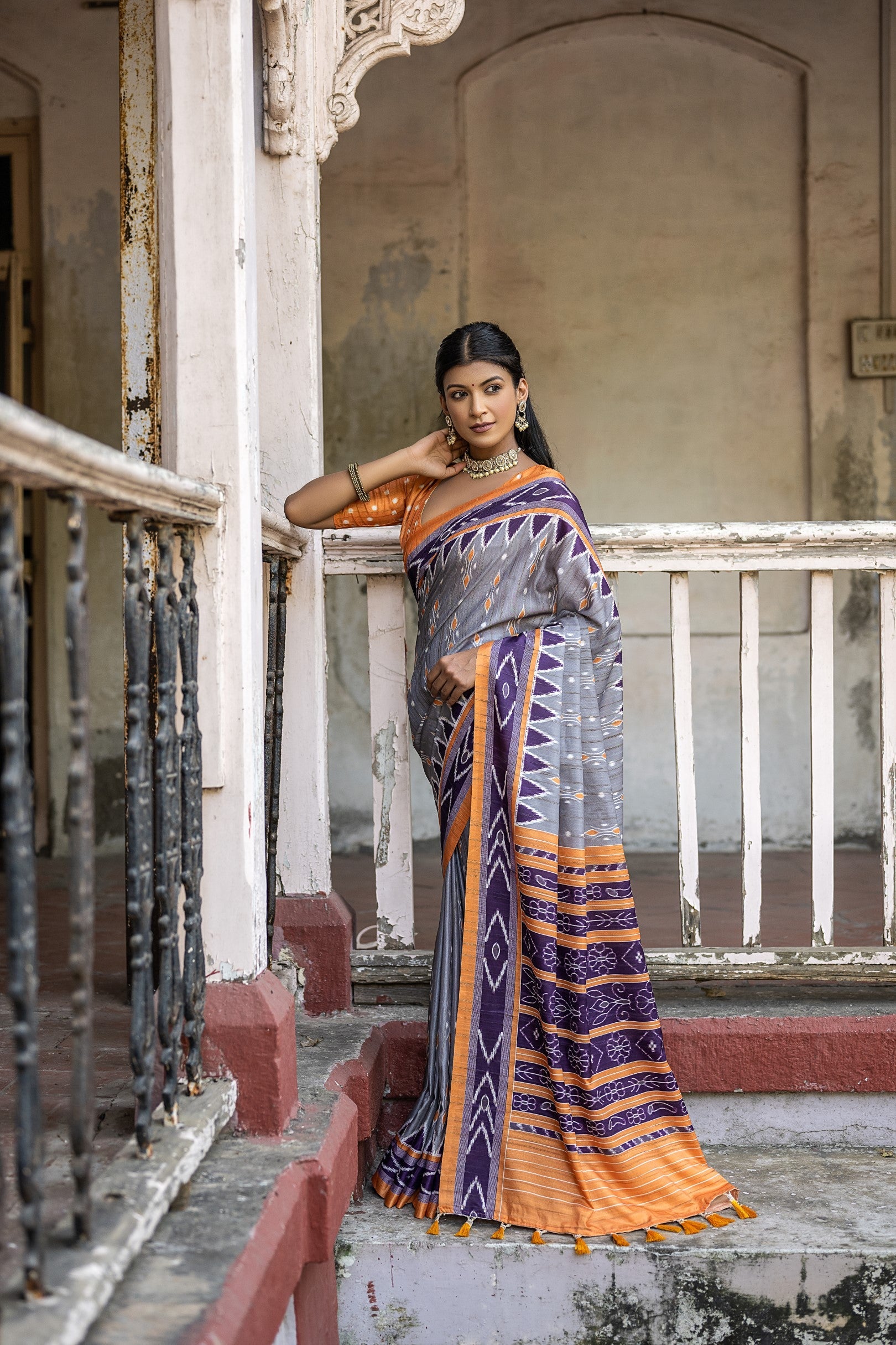 Buy MySilkLove Santas Grey Ikkat Printed Cotton Silk Saree Online