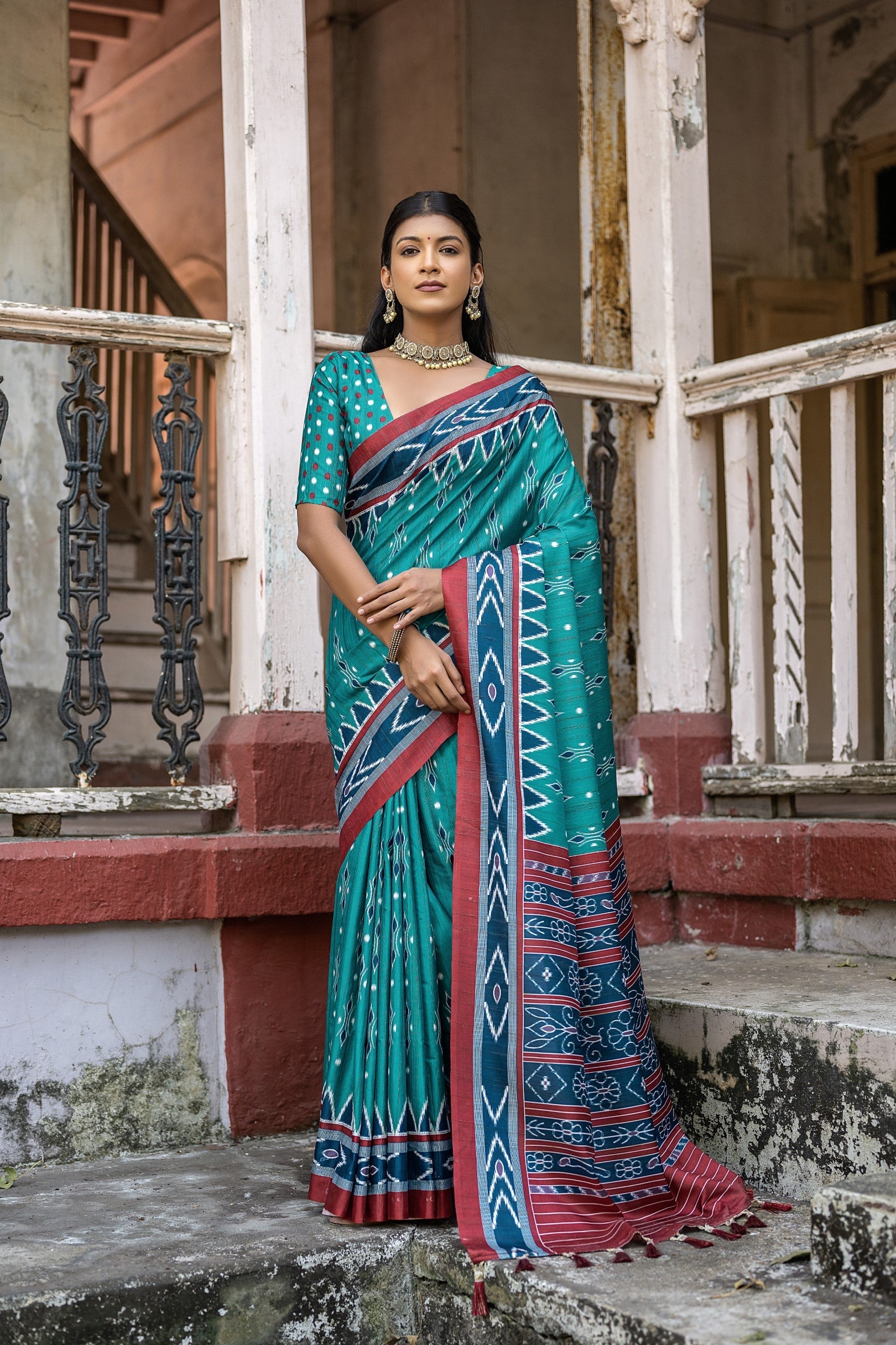 Buy MySilkLove William Green Ikkat Printed Cotton Silk Saree Online