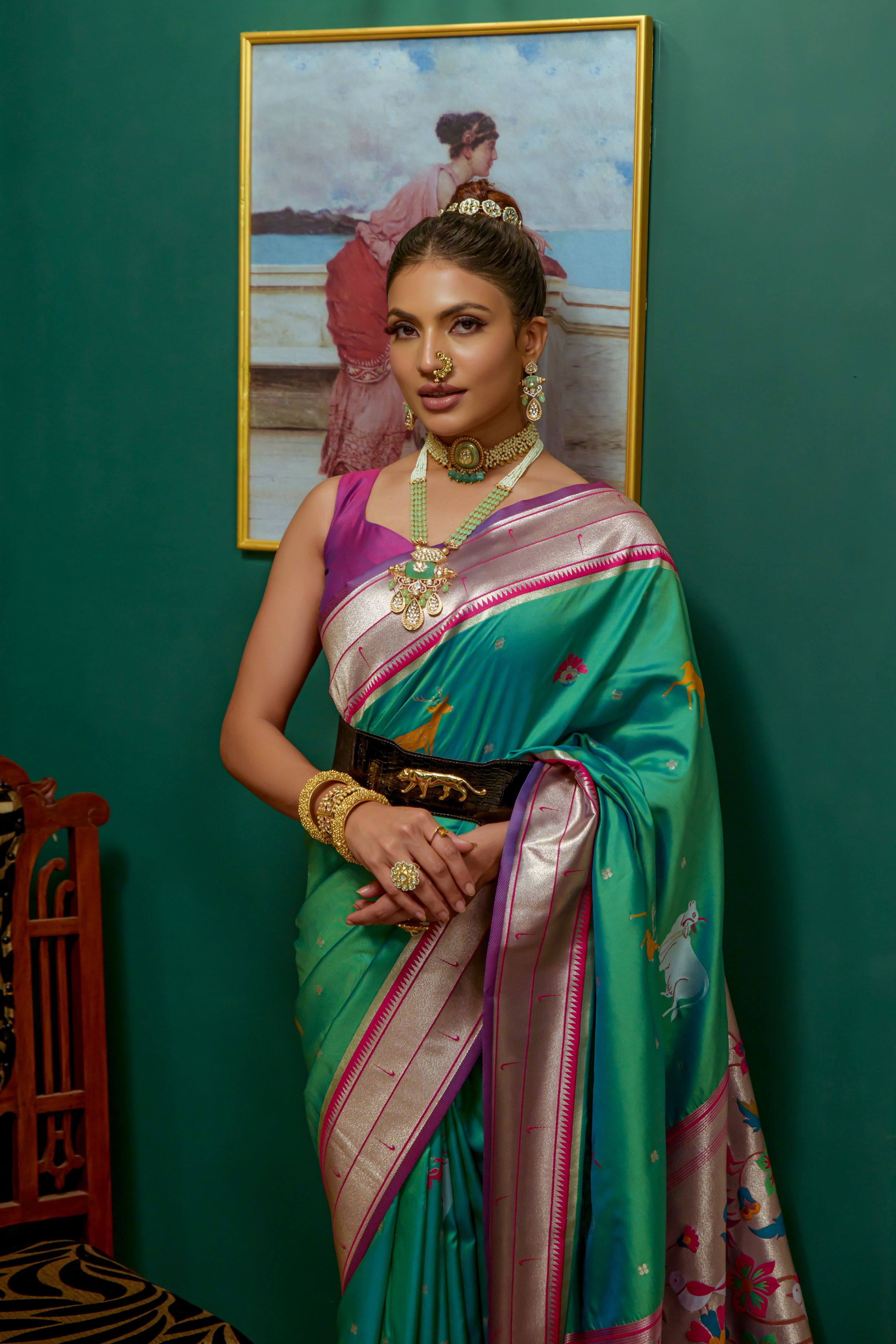 Buy MySilkLove Pine Green Woven Paithani Silk Saree Online