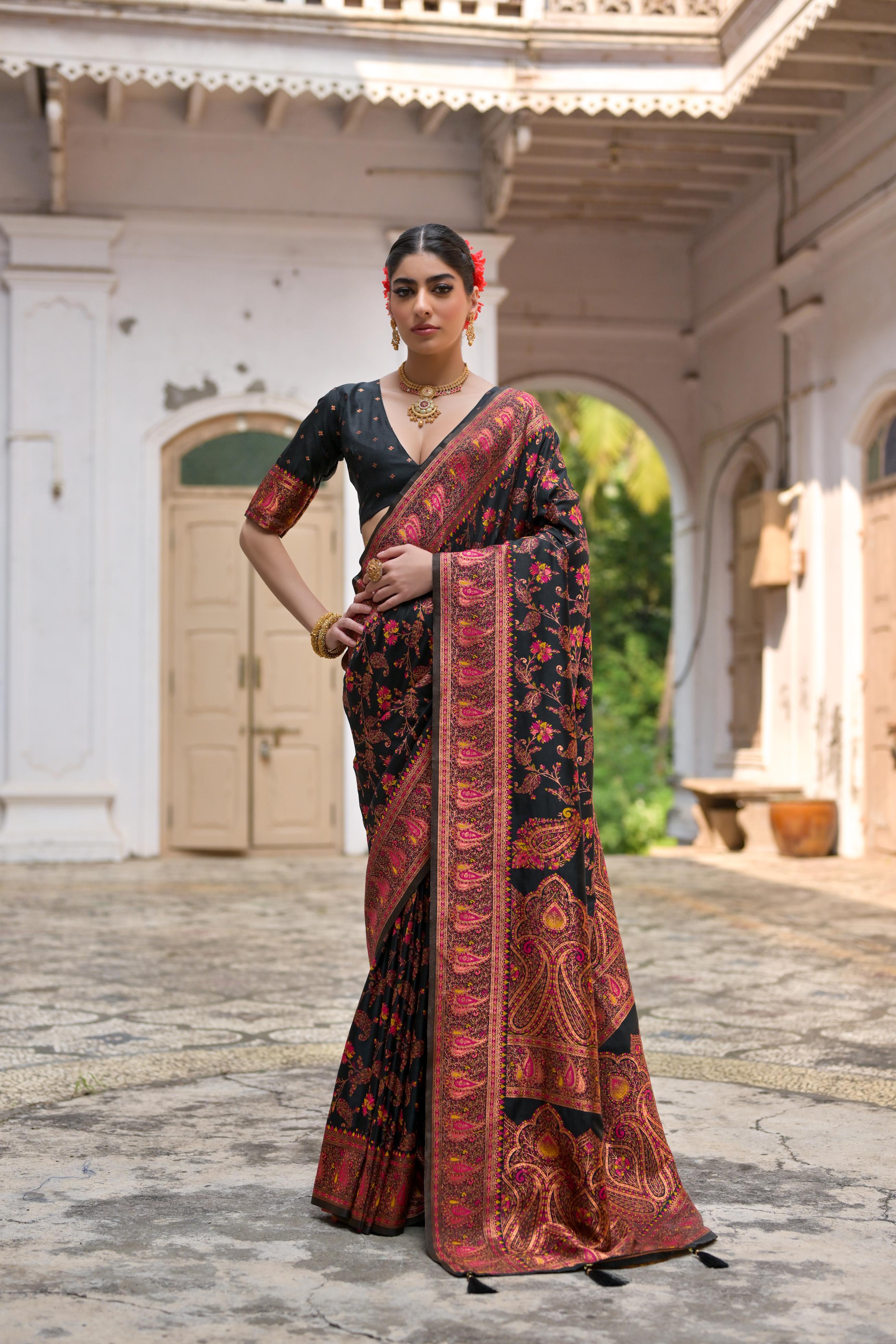 Buy MySilkLove Creole Black Woven Pashmina Silk Saree Online