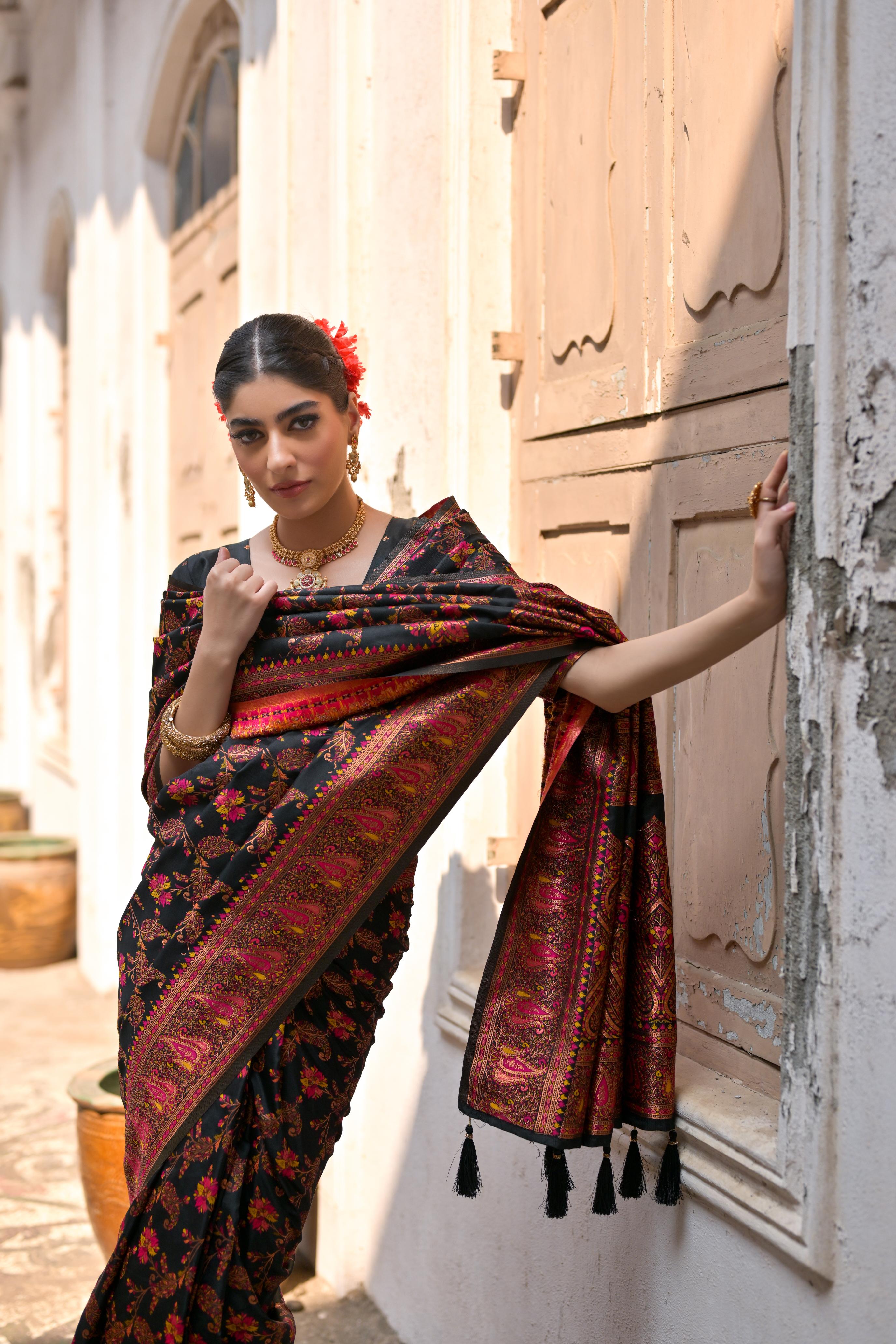 Buy MySilkLove Creole Black Woven Pashmina Silk Saree Online