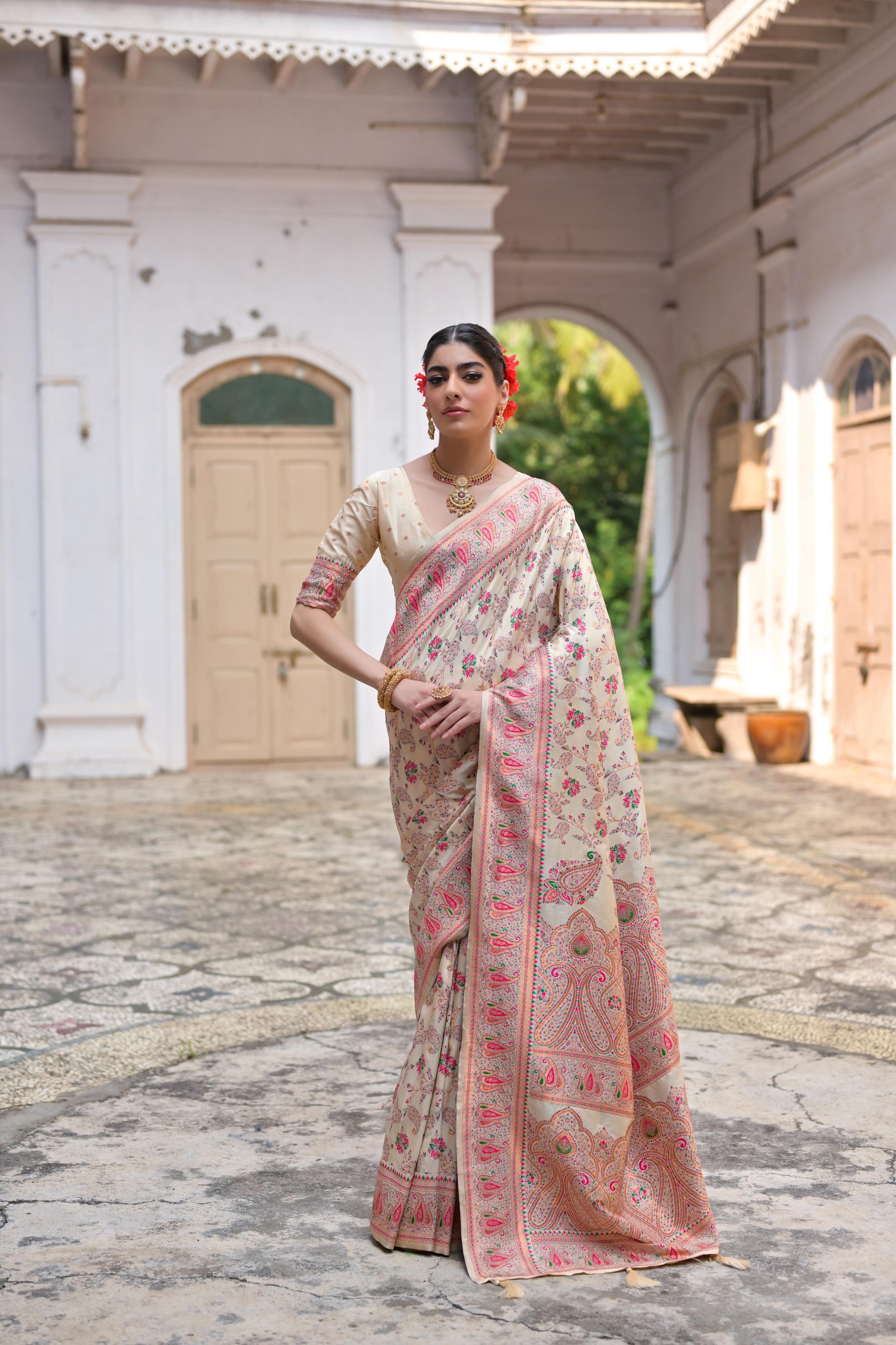 Buy MySilkLove Nobel Cream Woven Pashmina Silk Saree Online