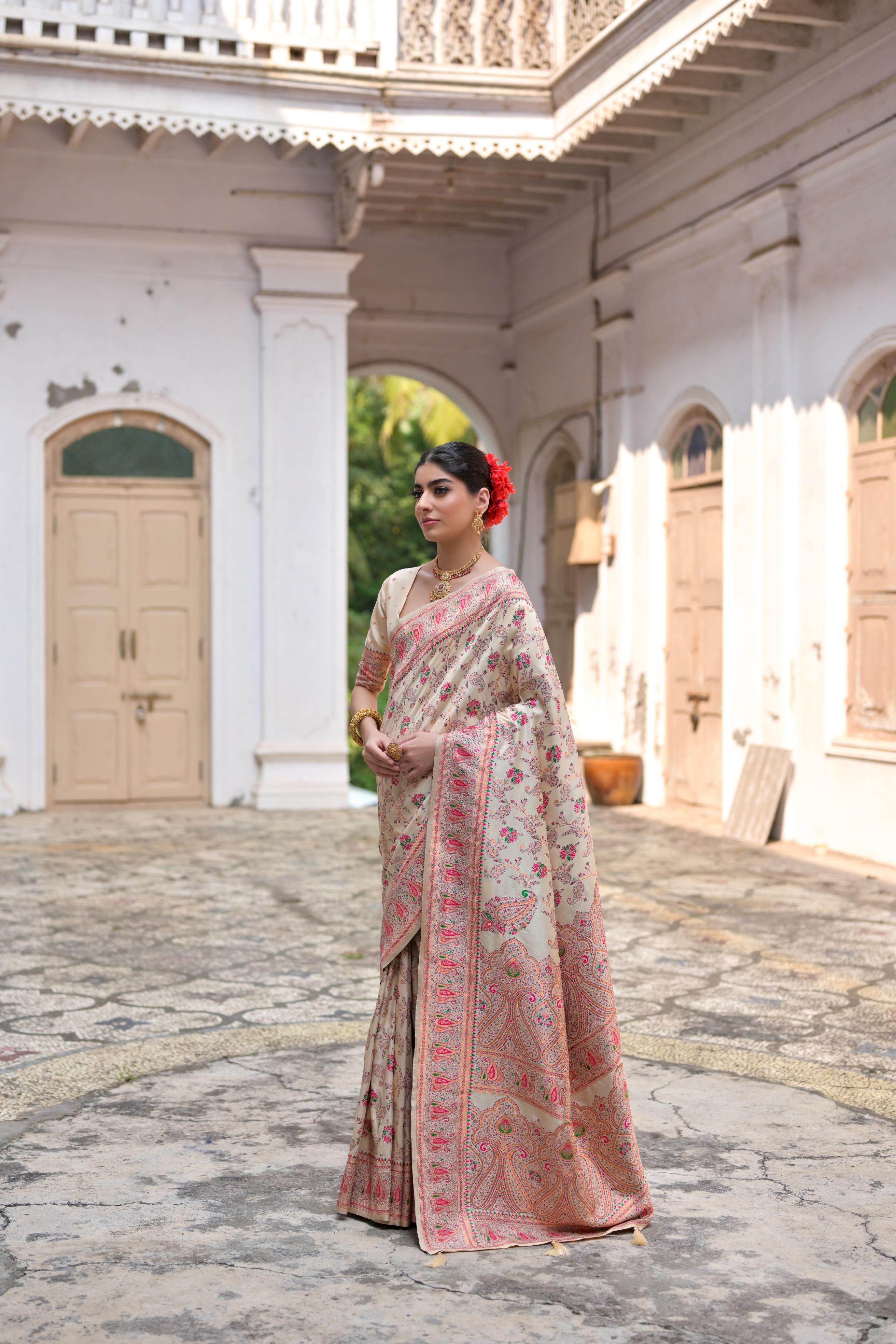 Buy MySilkLove Nobel Cream Woven Pashmina Silk Saree Online