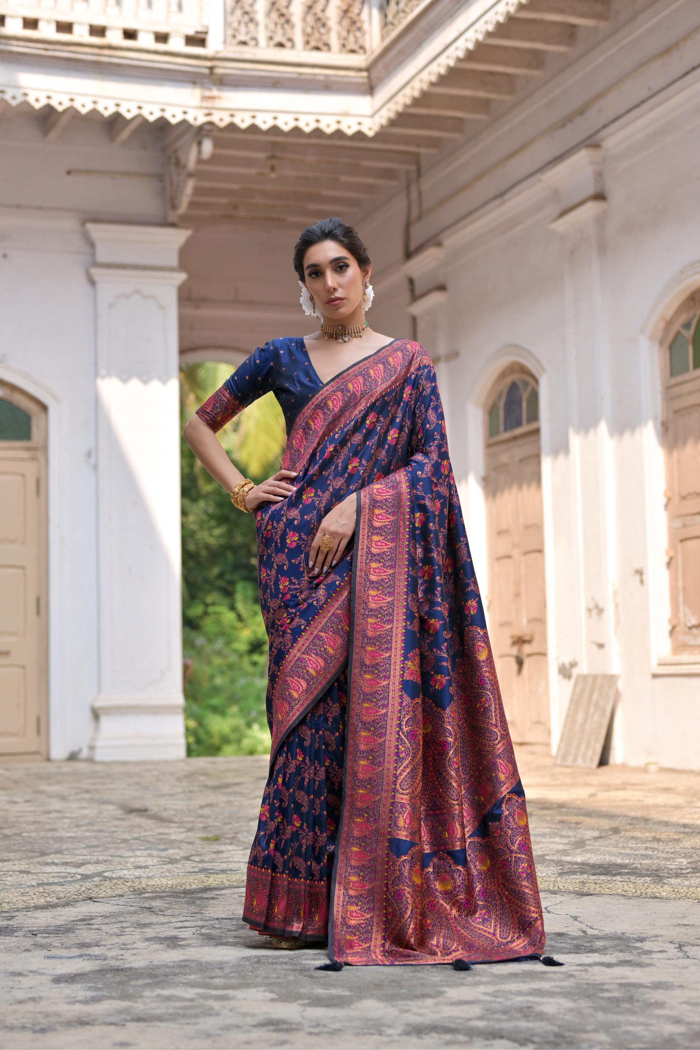 Buy MySilkLove River Bed Blue Woven Pashmina Silk Saree Online