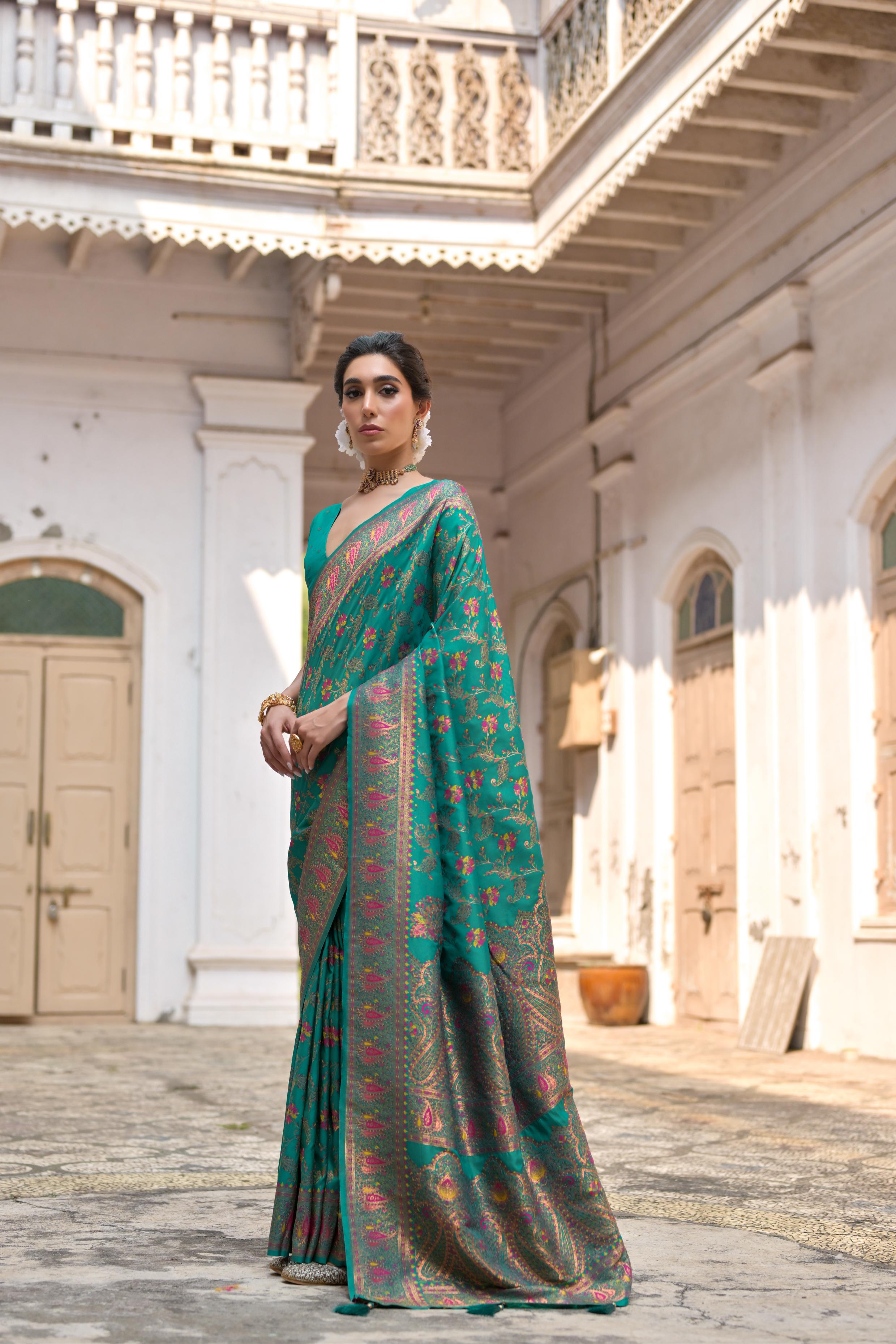 Buy MySilkLove Dark Cyan Green Woven Pashmina Silk Saree Online