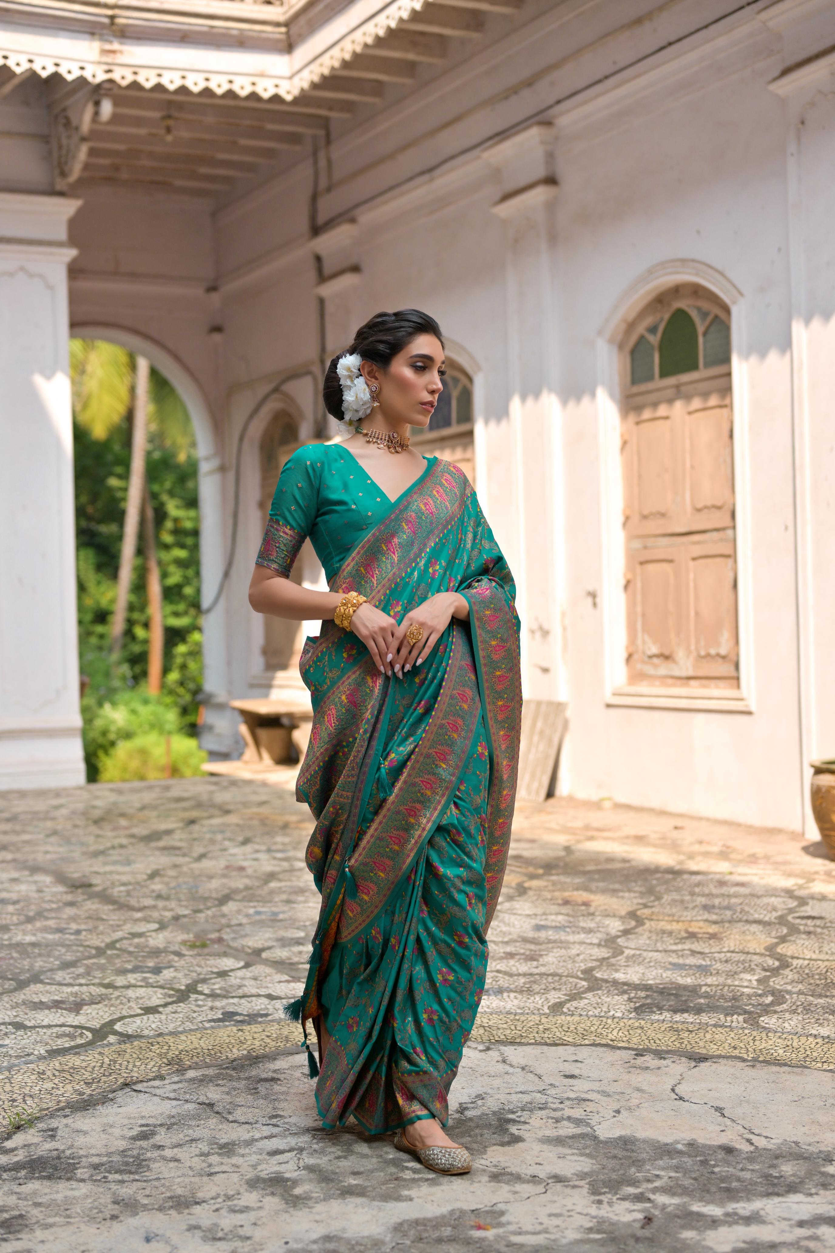 Buy MySilkLove Dark Cyan Green Woven Pashmina Silk Saree Online