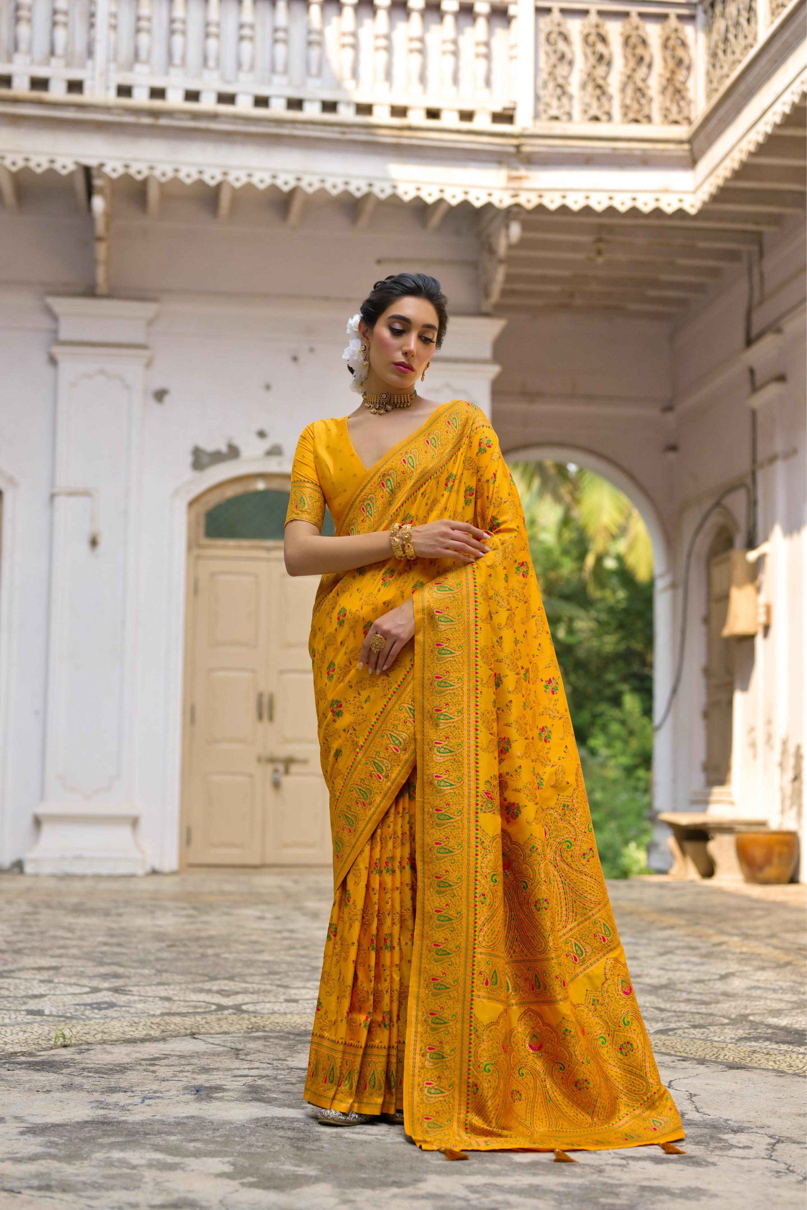 Buy MySilkLove Tulip Tree Yellow Woven Pashmina Silk Saree Online