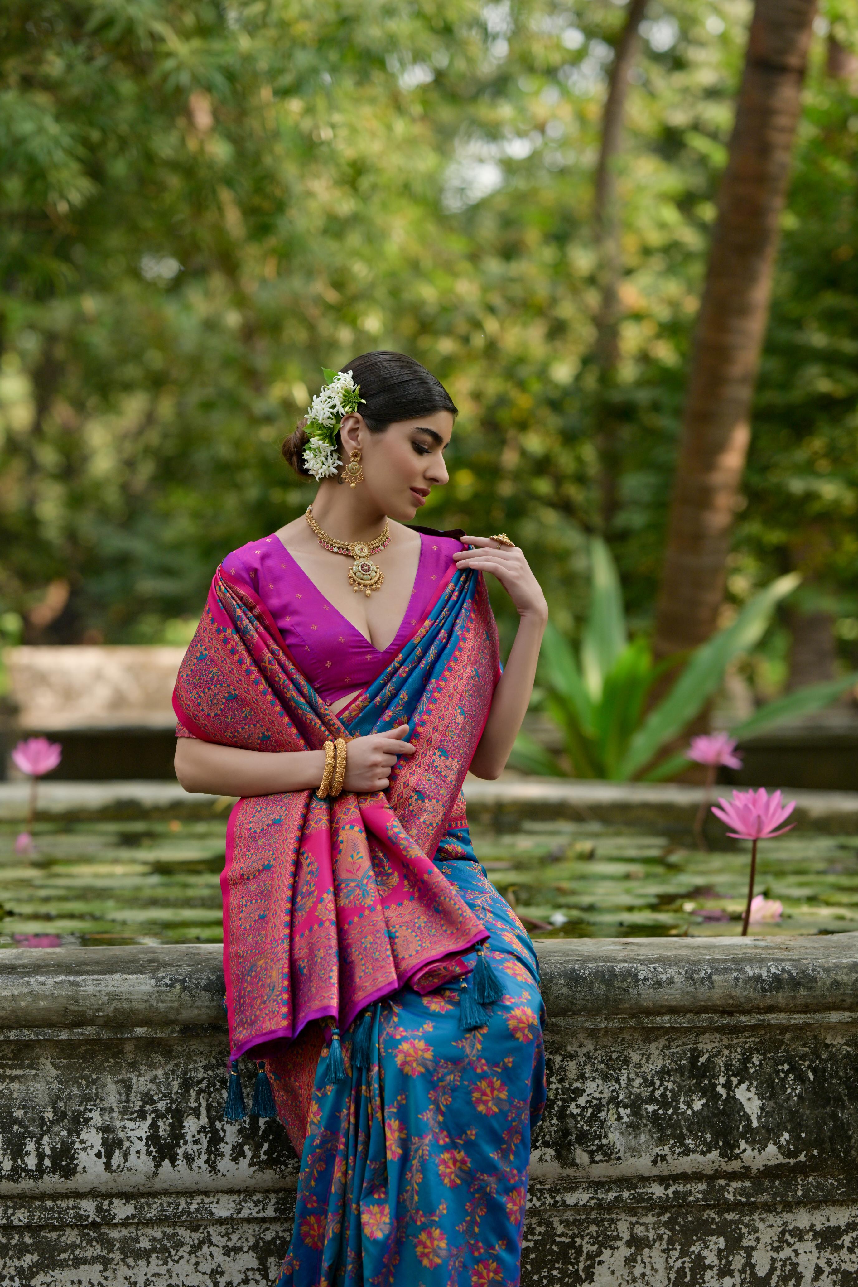 Buy MySilkLove Blue Jay Woven Pashmina Silk Saree Online