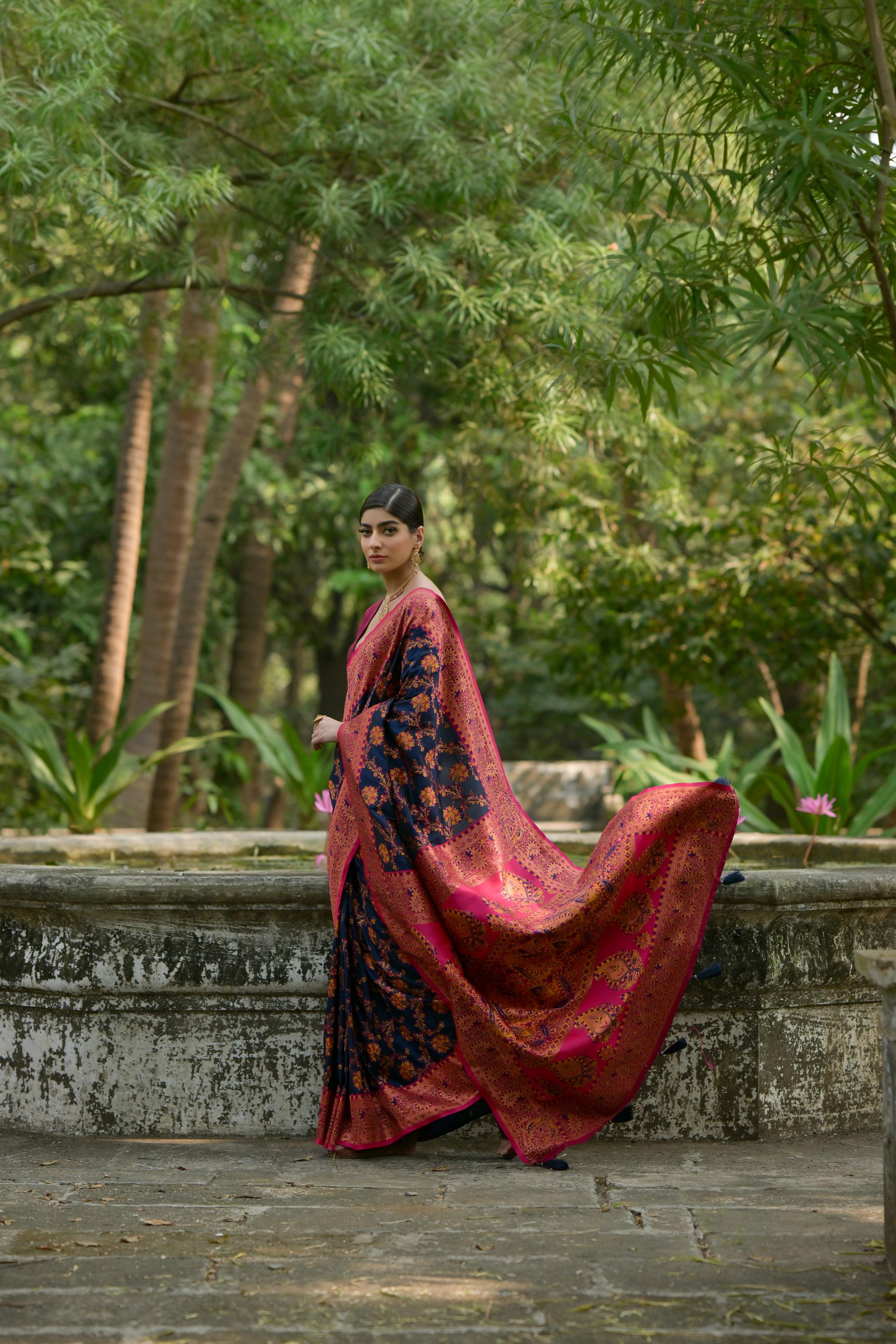 Buy MySilkLove Twilight Blue Woven Pashmina Silk Saree Online