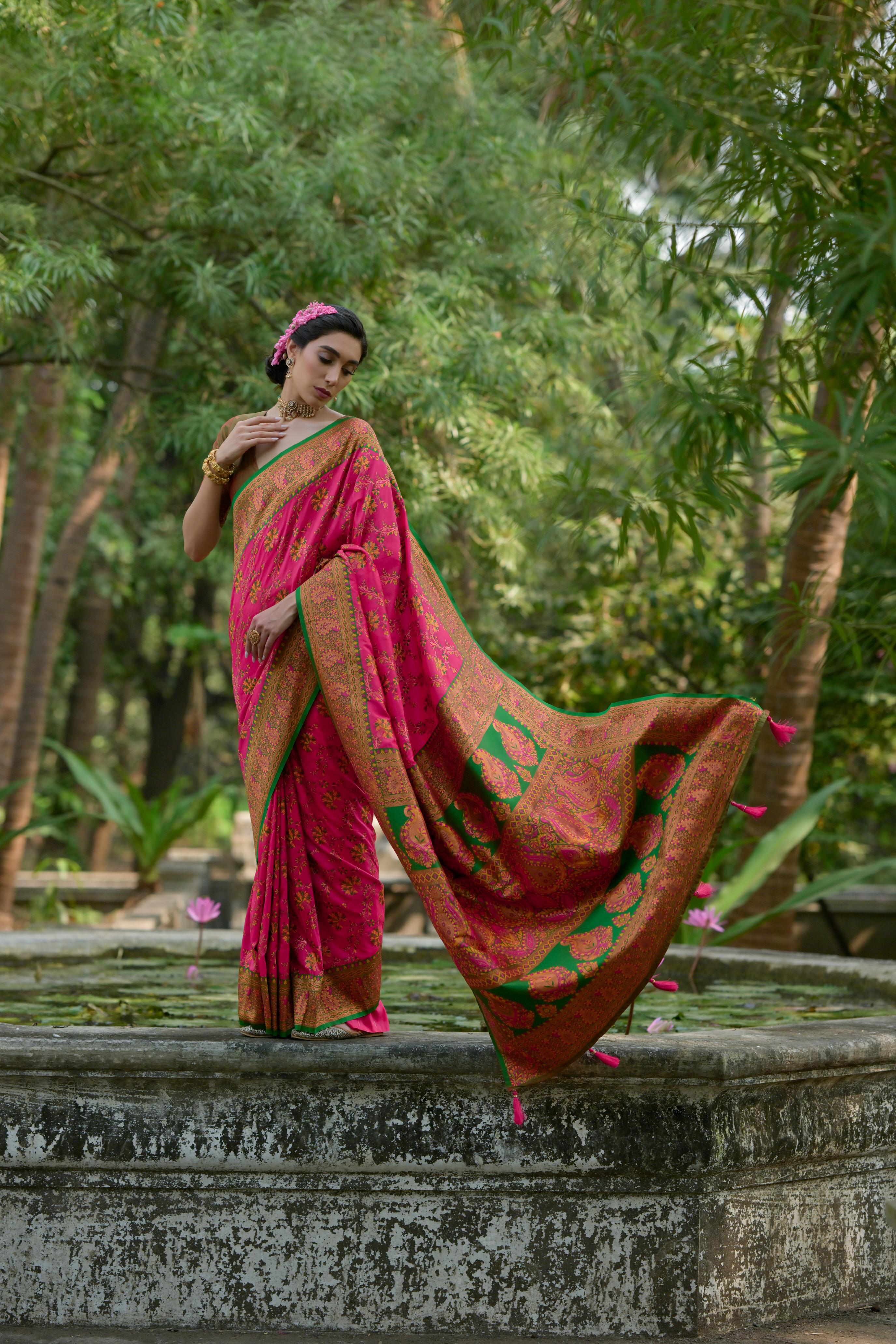 Buy MySilkLove Jasper Pink Woven Pashmina Silk Saree Online