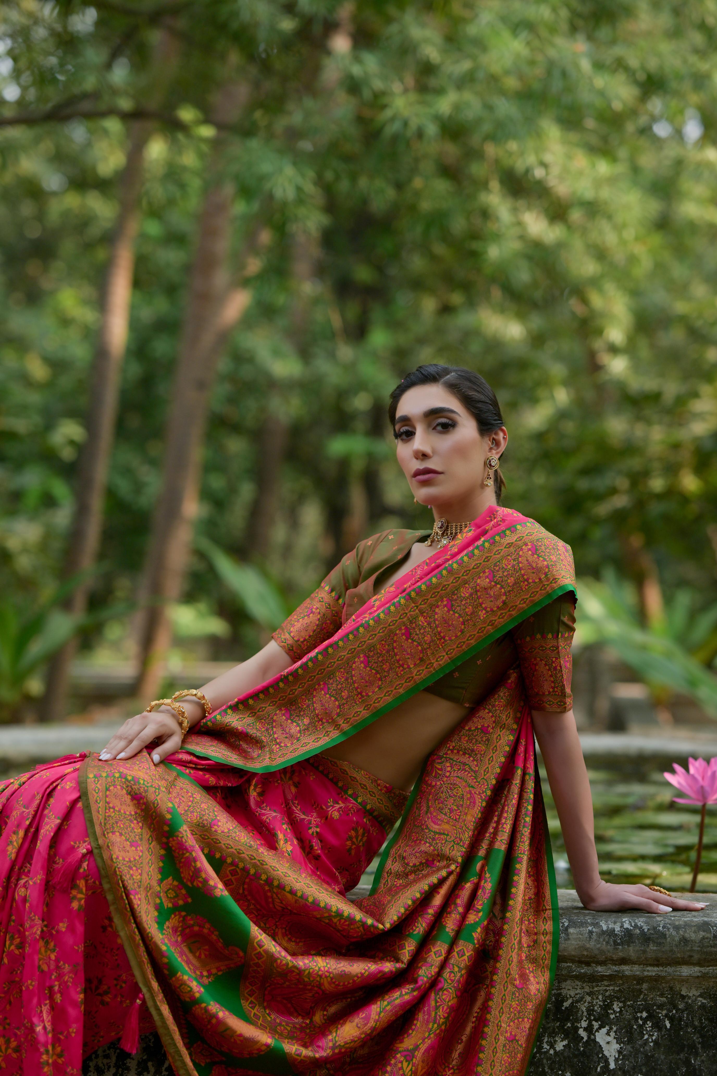 Buy MySilkLove Jasper Pink Woven Pashmina Silk Saree Online