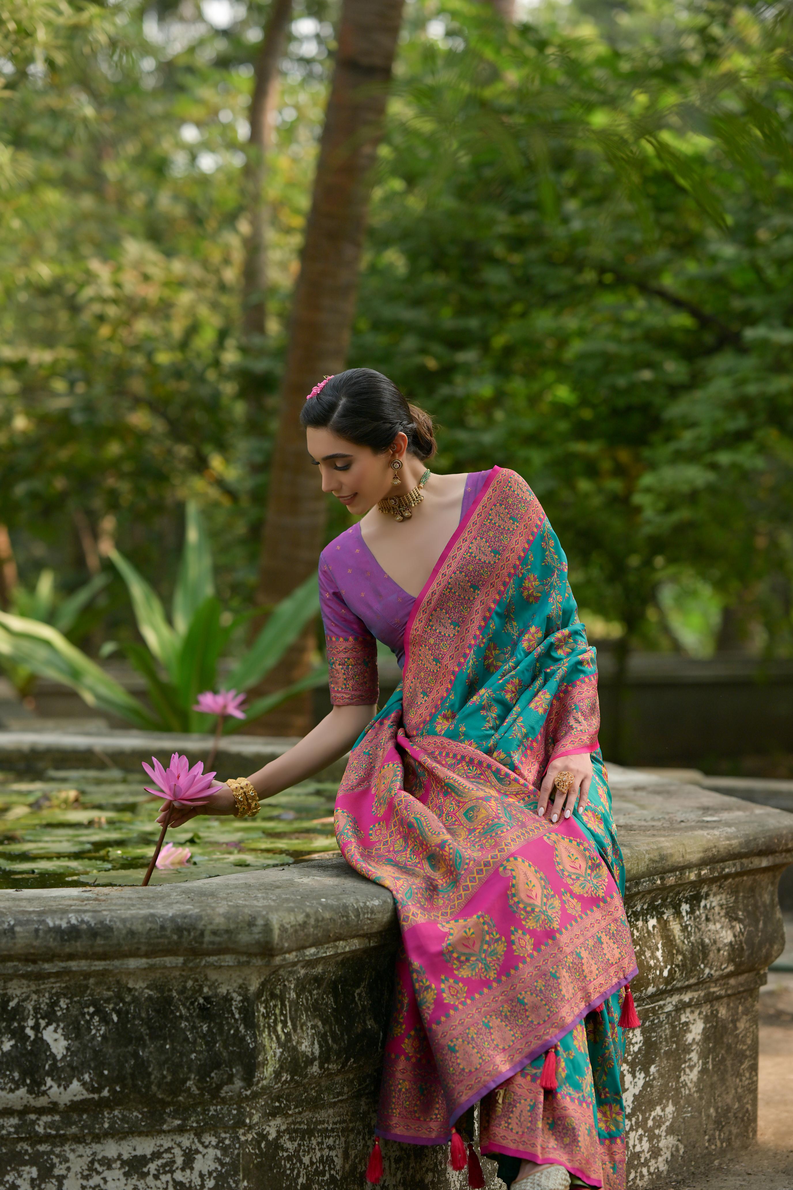 Buy MySilkLove Mountain Meadow Blue Woven Pashmina Silk Saree Online