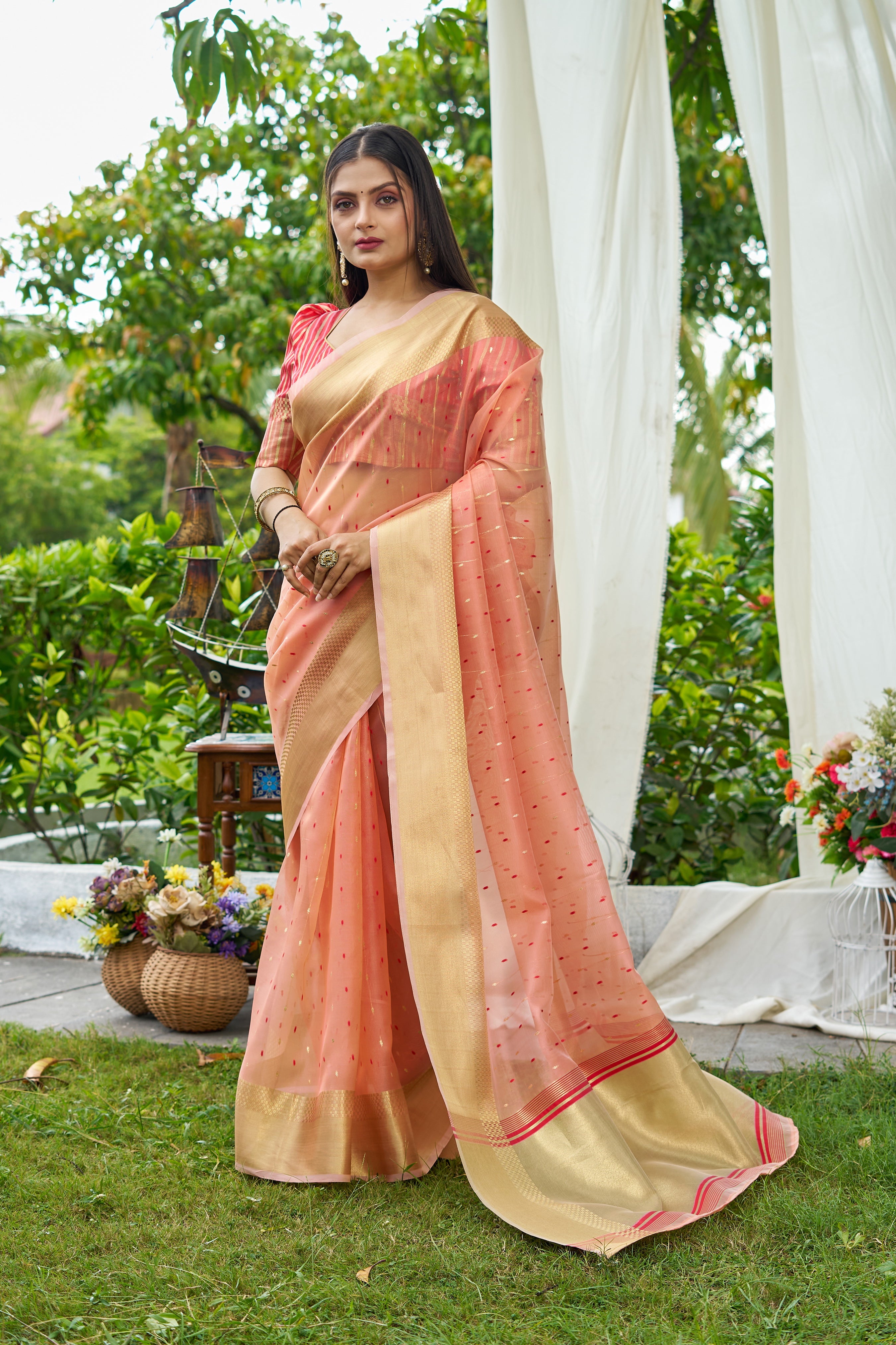Buy MySilkLove Plum Peach Woven Shimmer Silk Saree Online