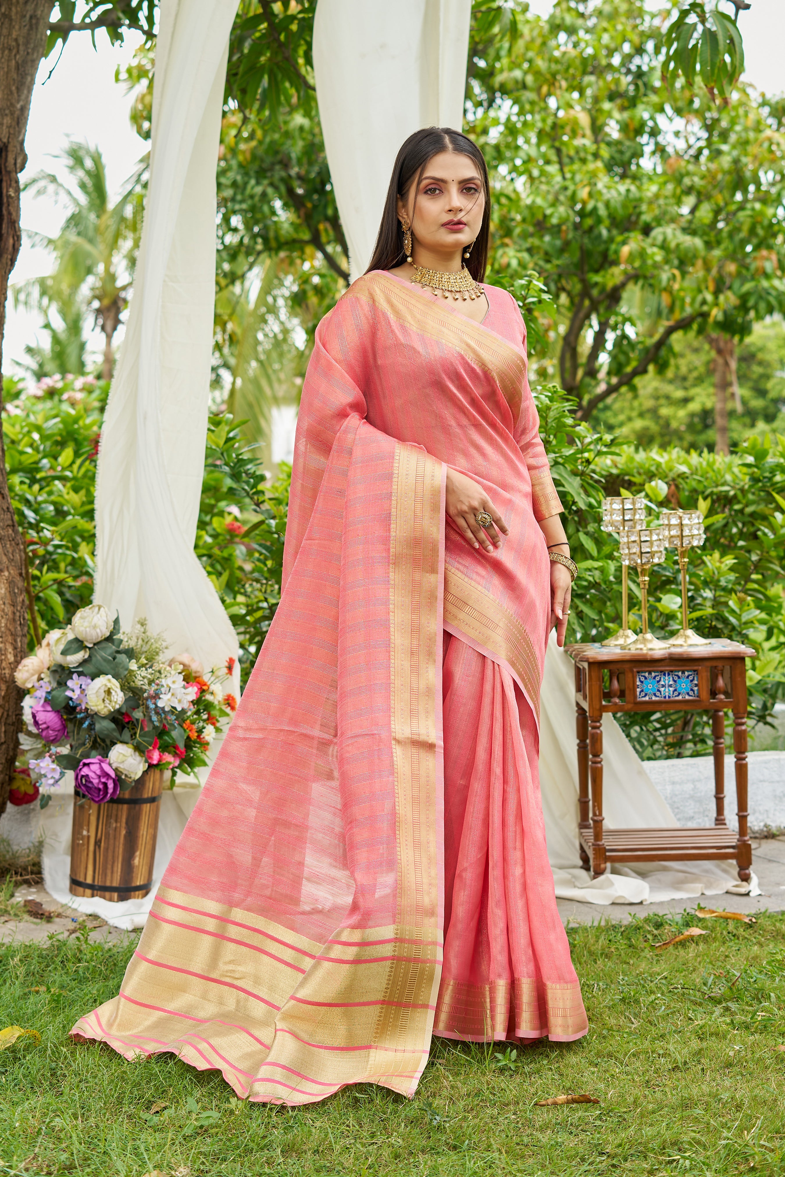 Buy MySilkLove Melon Peach Woven Tissue Saree Online
