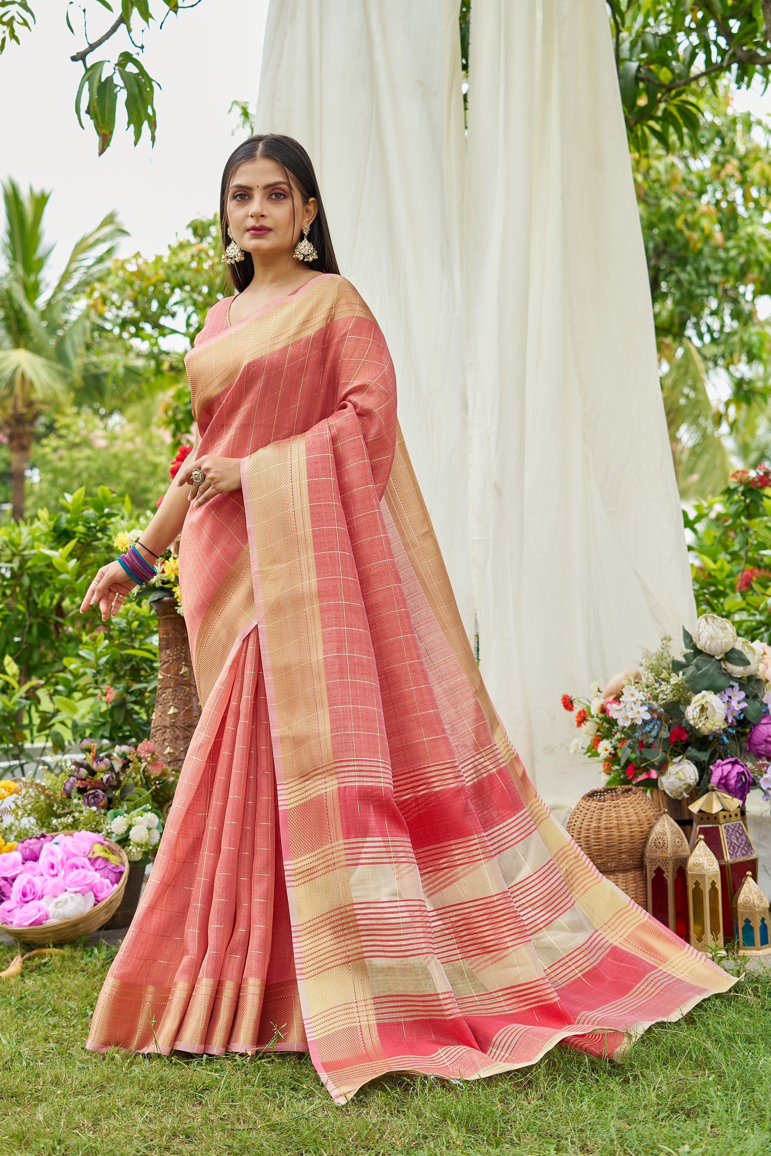 Buy MySilkLove Salmon Peach Tissue Woven Saree Online