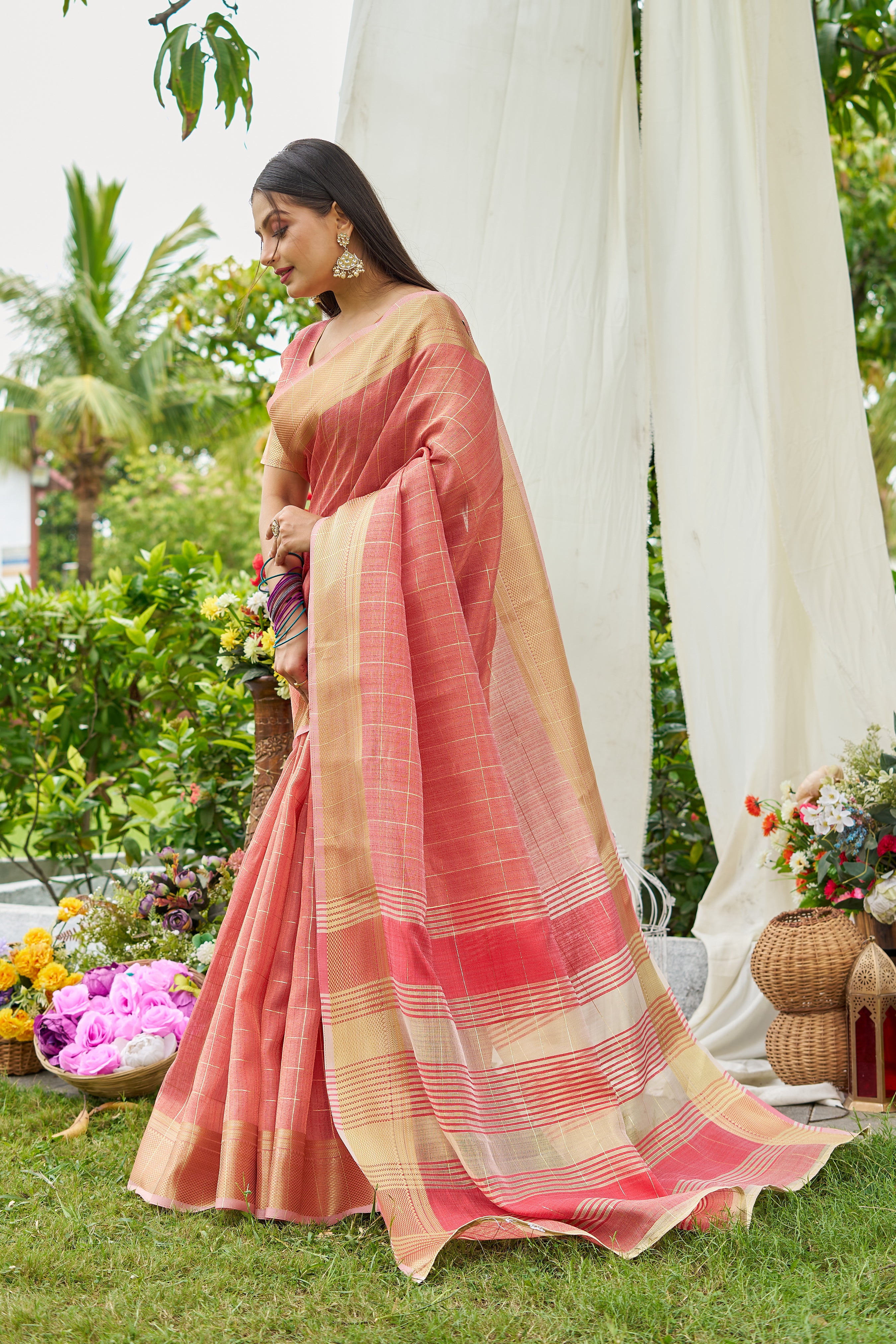 Buy MySilkLove Salmon Peach Tissue Woven Saree Online