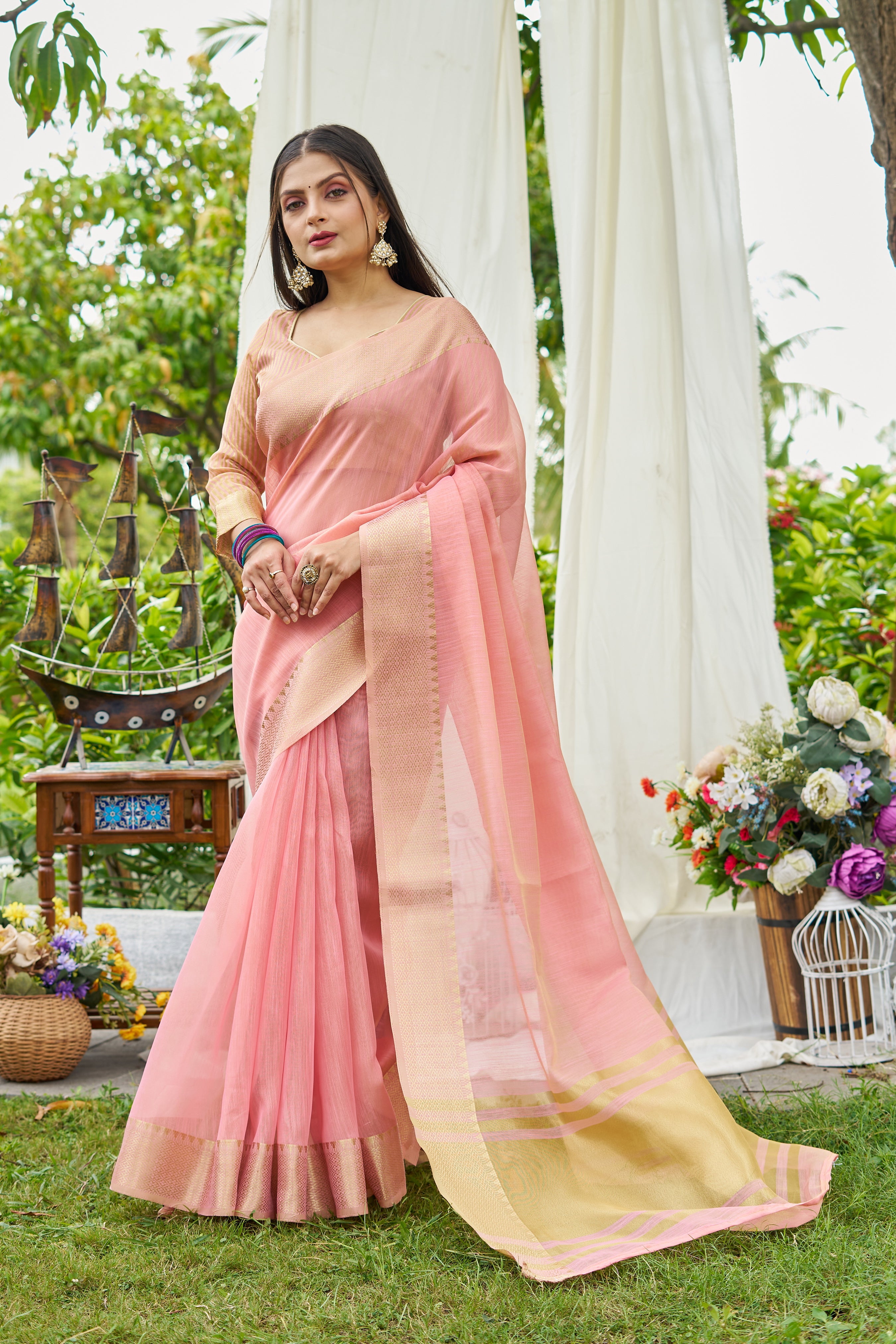 Buy MySilkLove Tea Rose Pink Woven Linen Saree Online