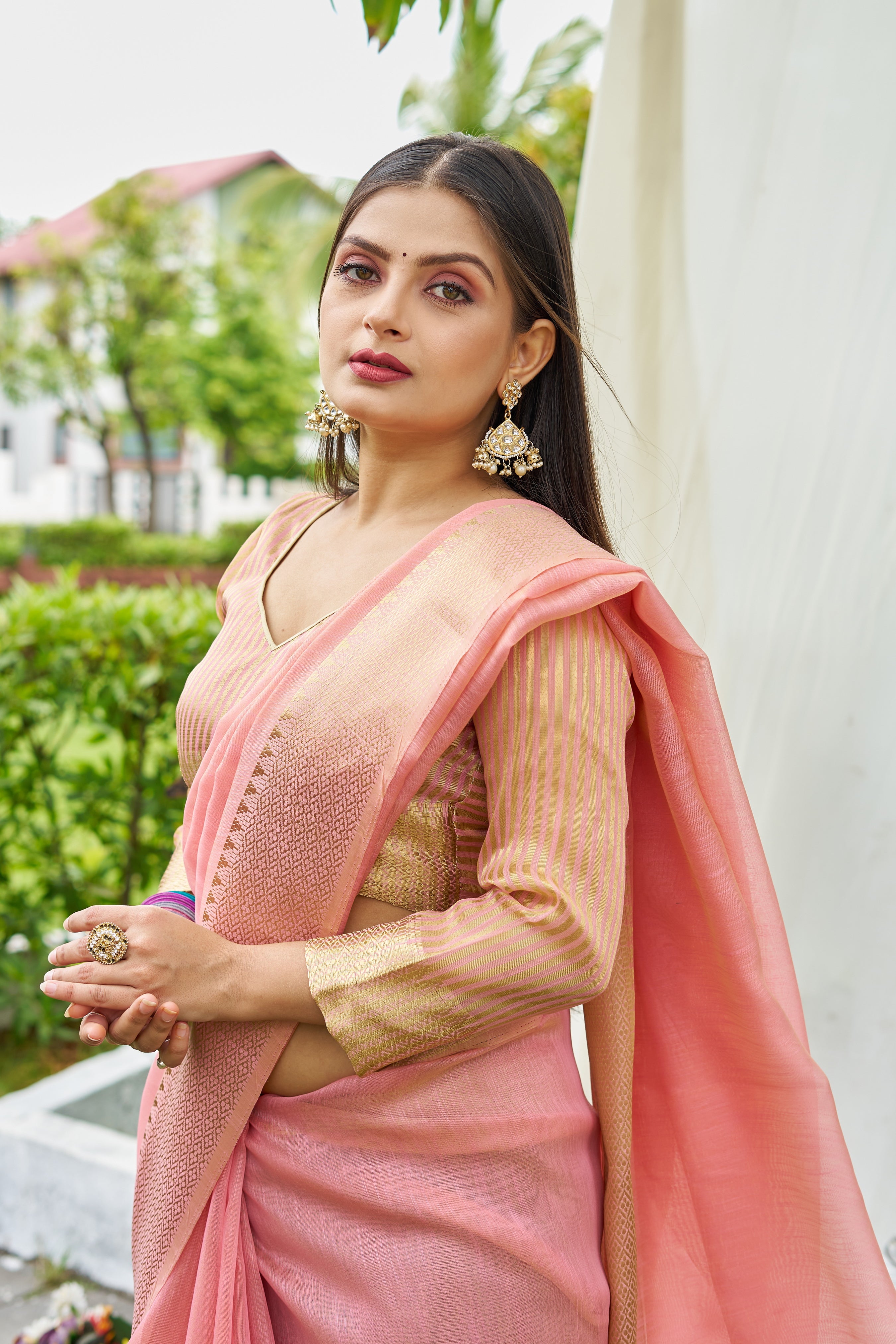 MySilkLove Tea Rose Pink Woven Linen Saree