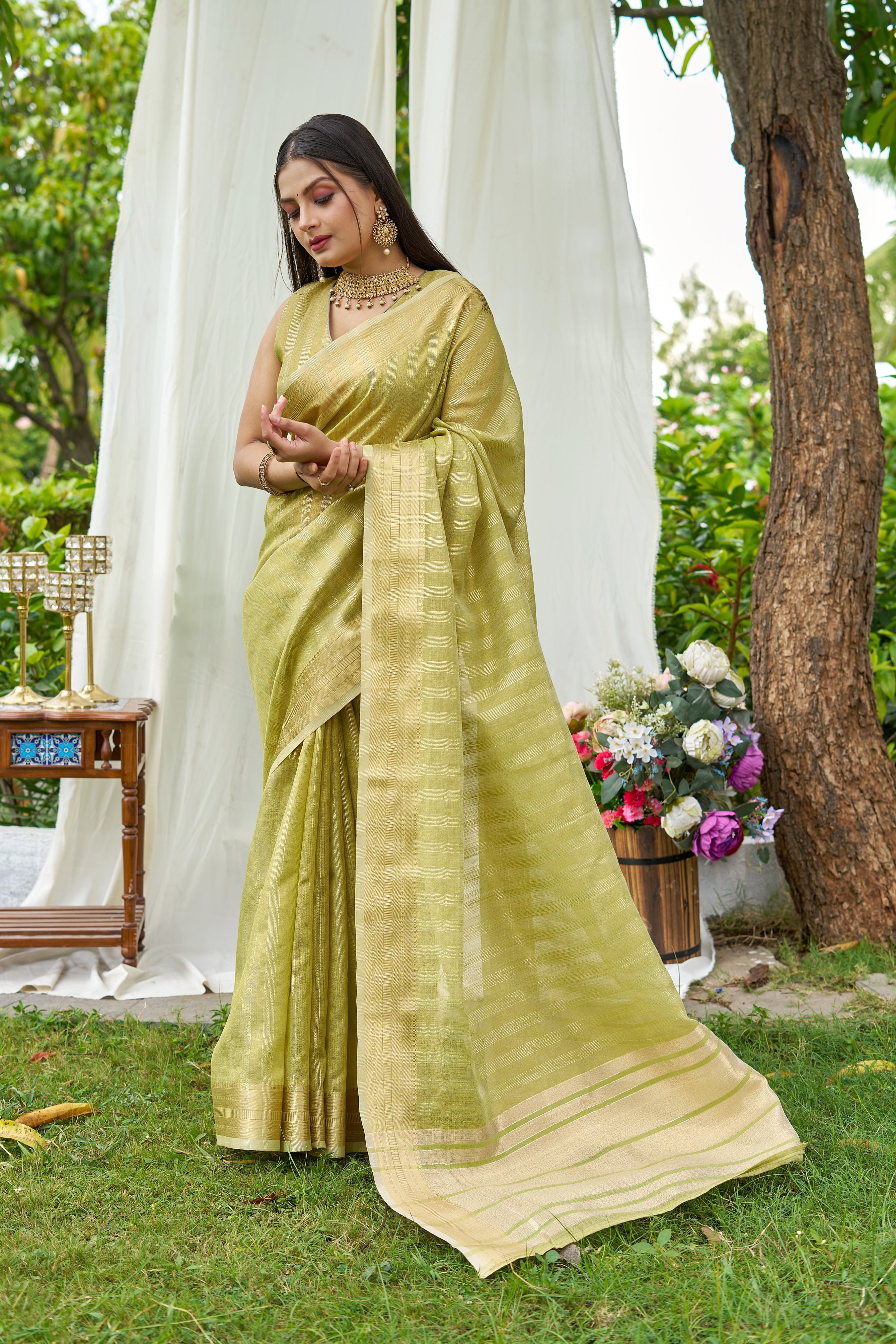 Buy MySilkLove Lizard Green Woven Tissue Saree Online