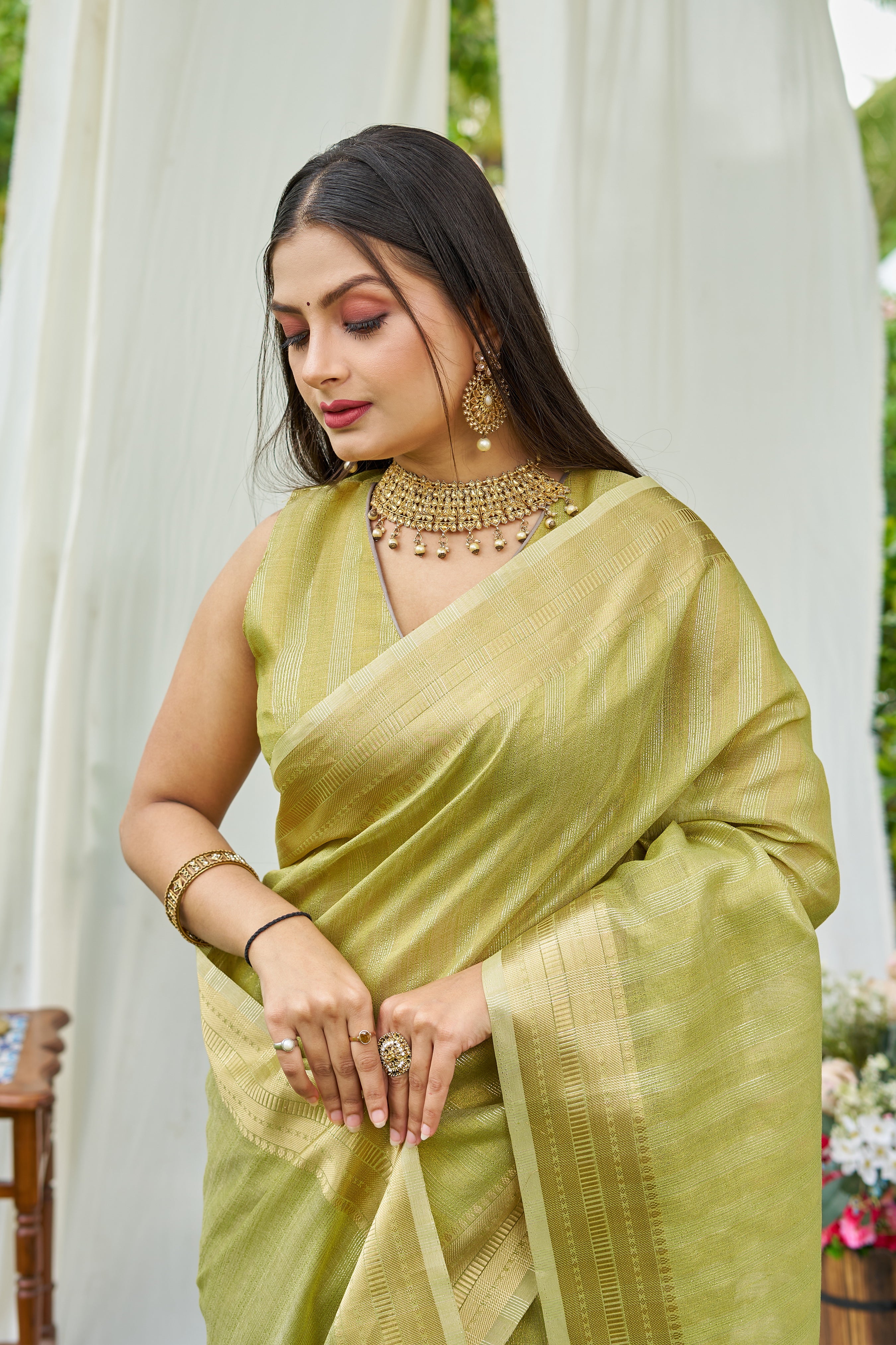 Buy MySilkLove Lizard Green Woven Tissue Saree Online