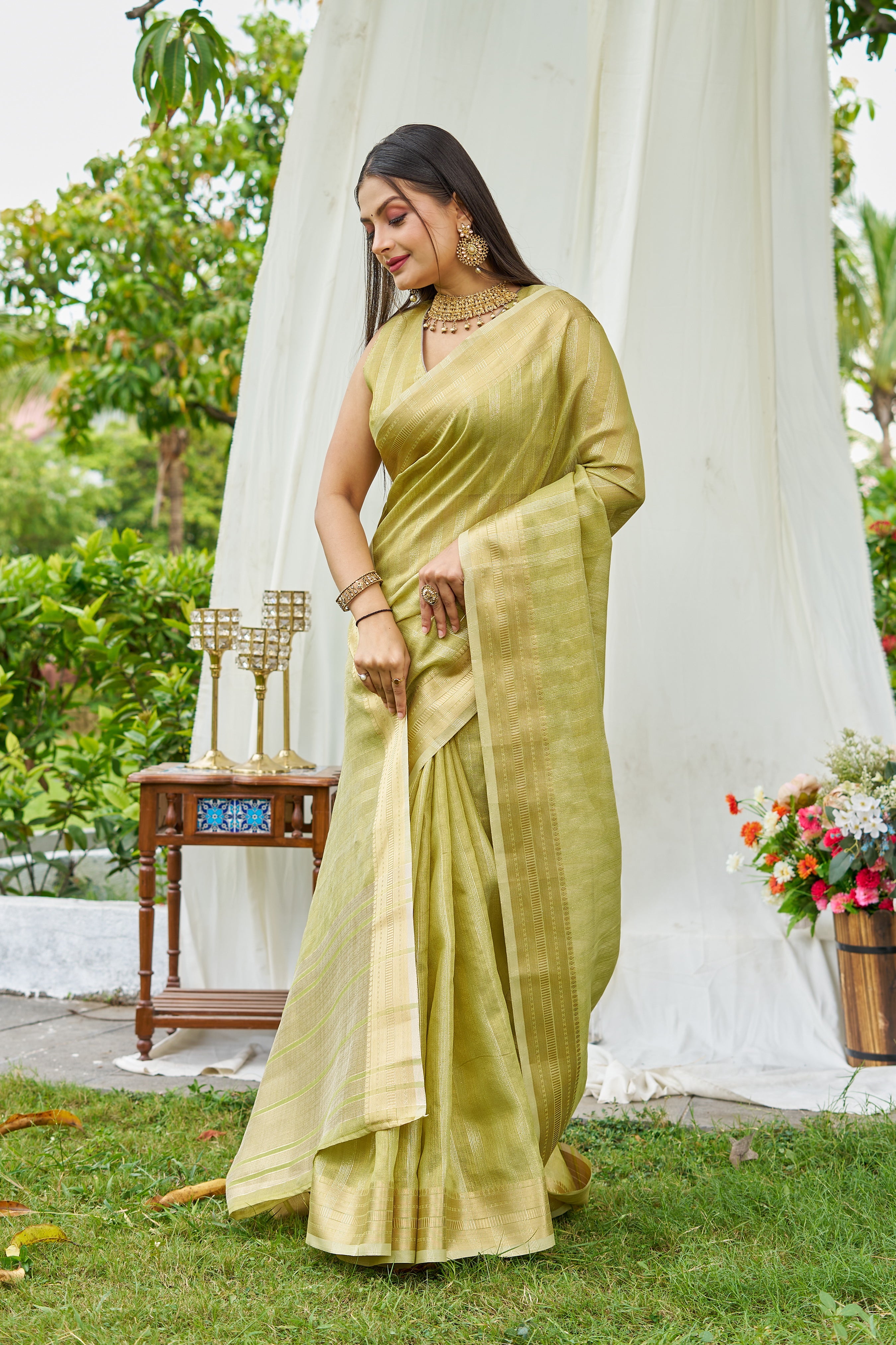 Buy MySilkLove Lizard Green Woven Tissue Saree Online