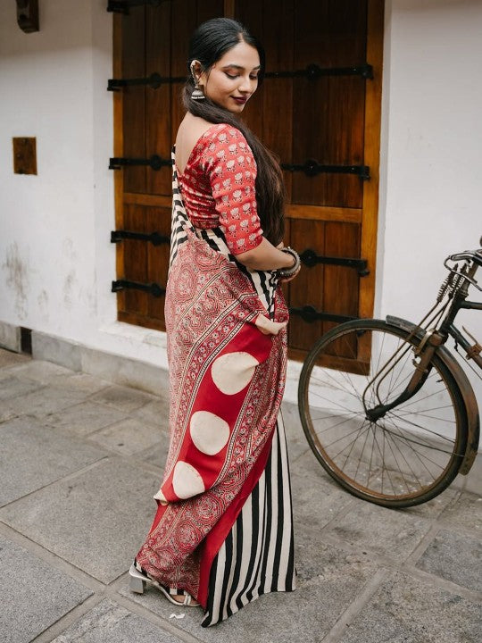 Buy MySilkLove Magnolia White and Black Stripes Ajrakh Printed Satin Crepe Silk Saree Online