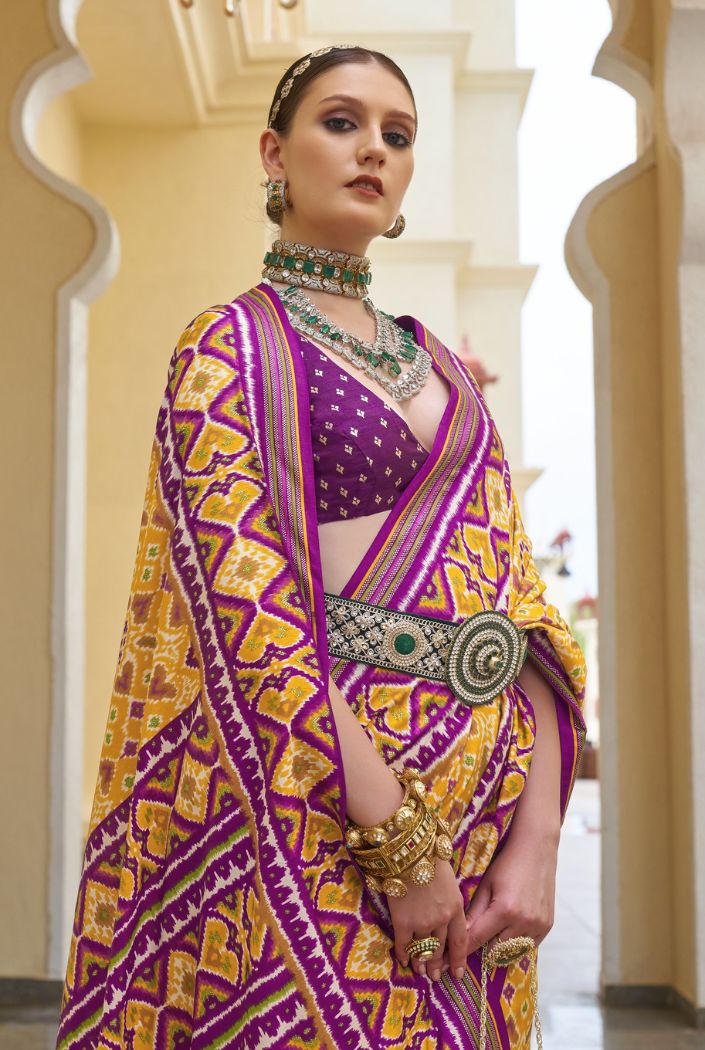 MySilkLove Flesh Yellow and Purple Printed Patola Silk Saree