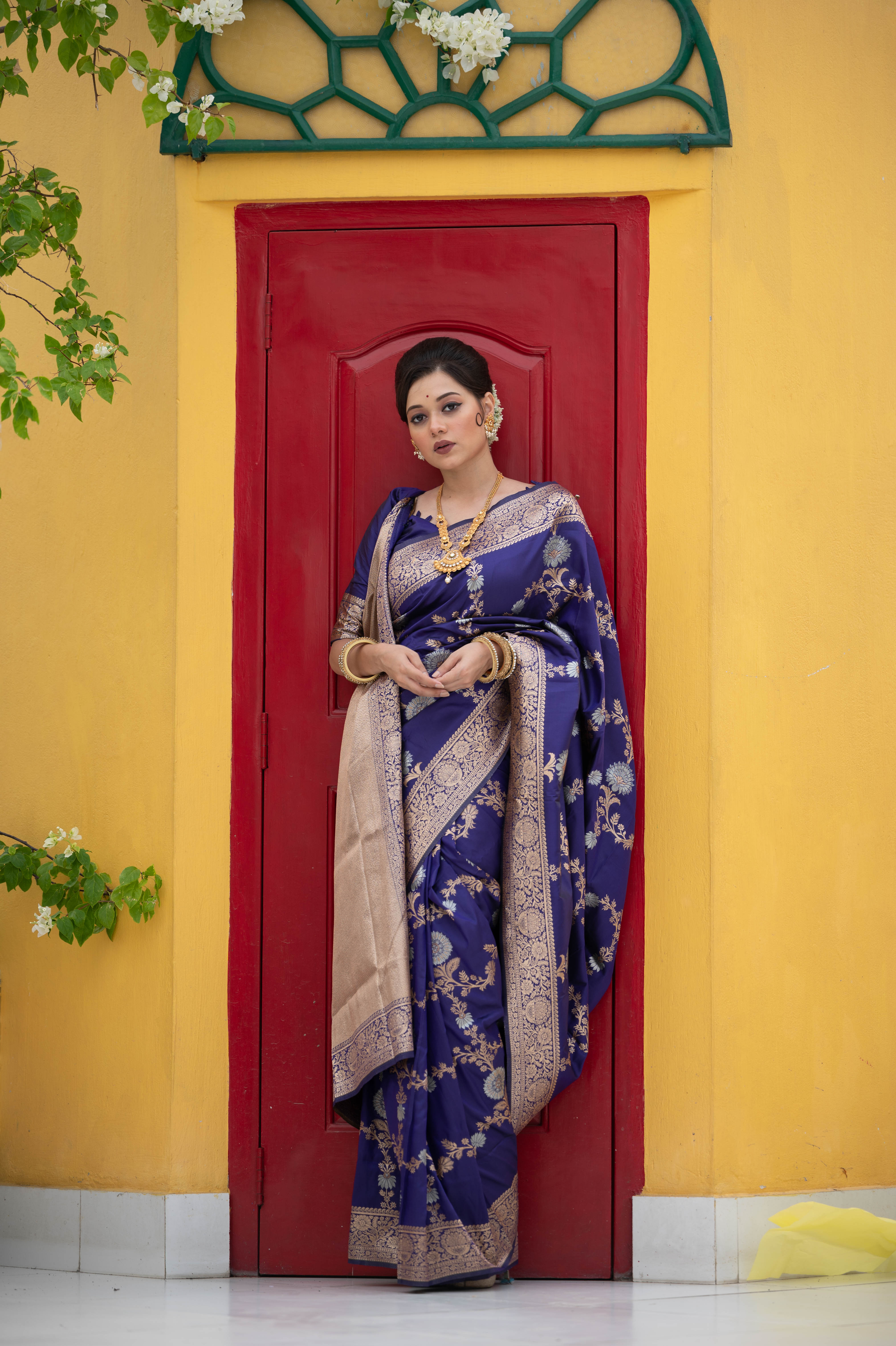 Buy MySilkLove Butterfly Bush Blue Woven Banarasi Silk Saree Online