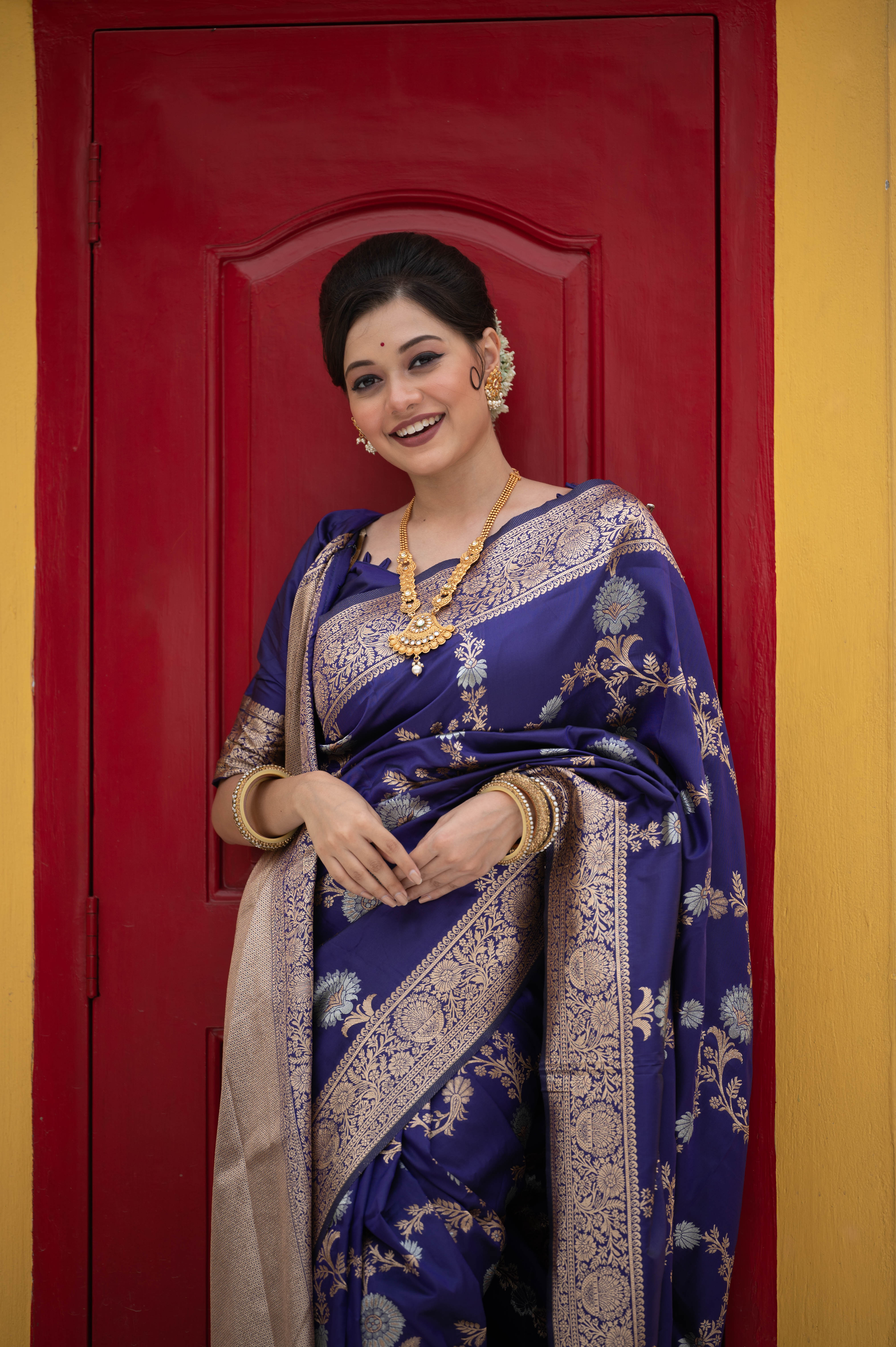 Buy MySilkLove Butterfly Bush Blue Woven Banarasi Silk Saree Online