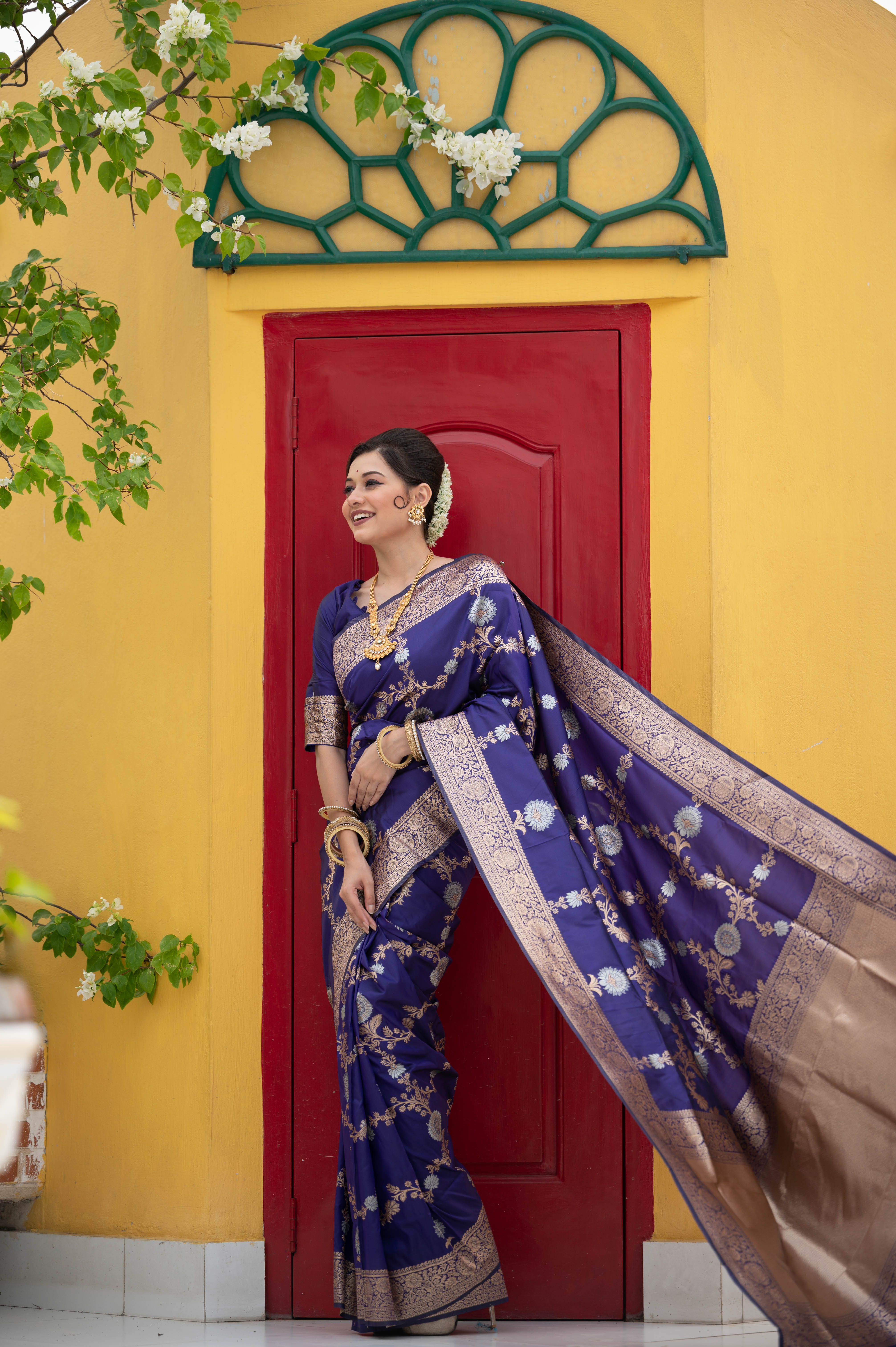 Buy MySilkLove Butterfly Bush Blue Woven Banarasi Silk Saree Online