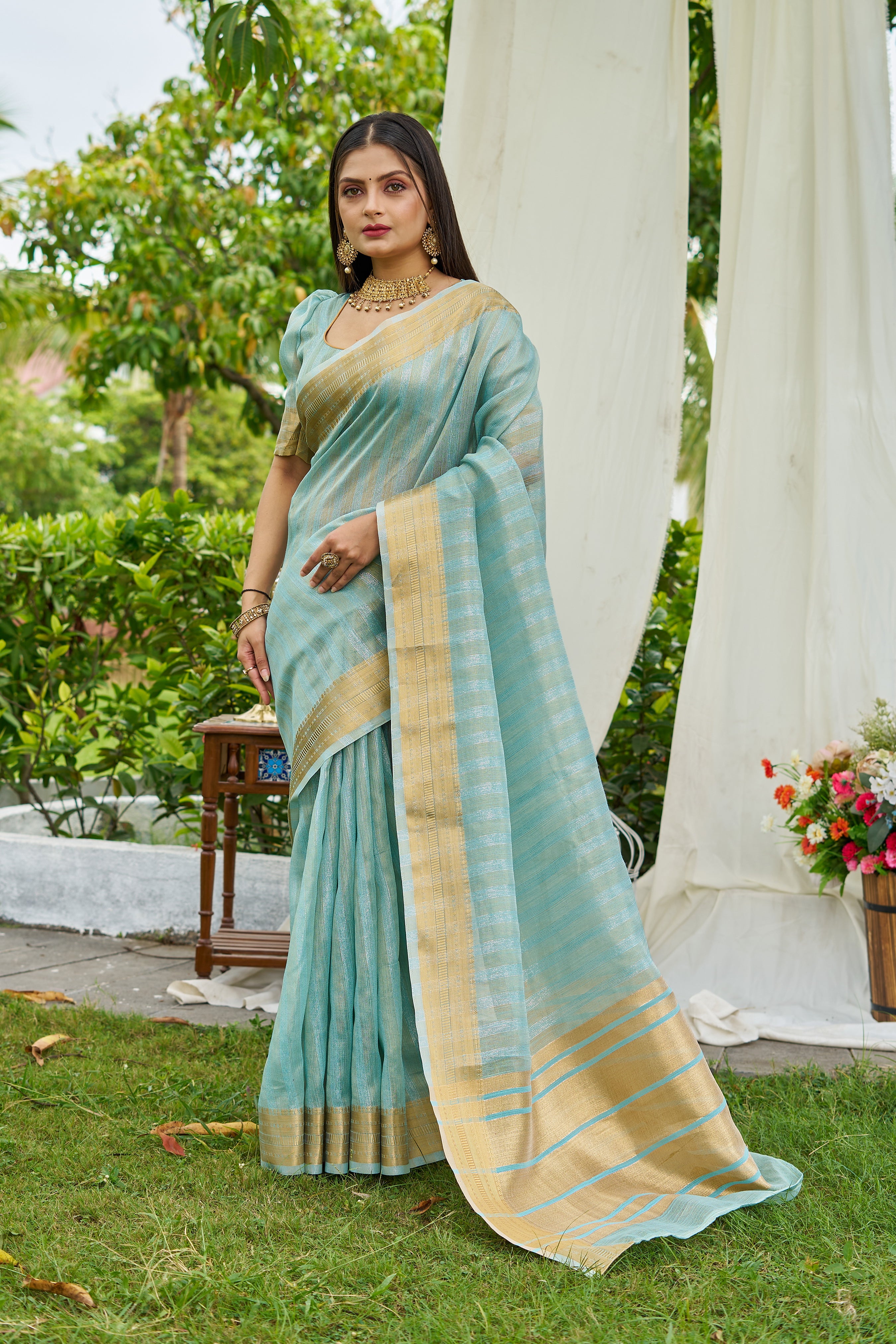 Buy MySilkLove Arctic Blue Woven Tissue Saree Online