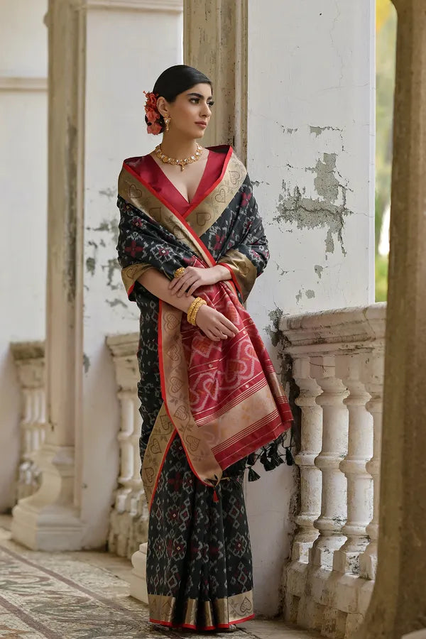 Buy MySilkLove Bistre Black Woven Raw Silk Saree Online