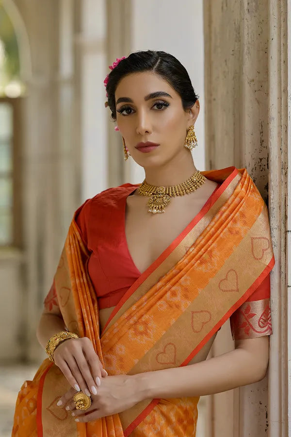 Buy MySilkLove Dark Salmon Orange Woven Raw Silk Saree Online