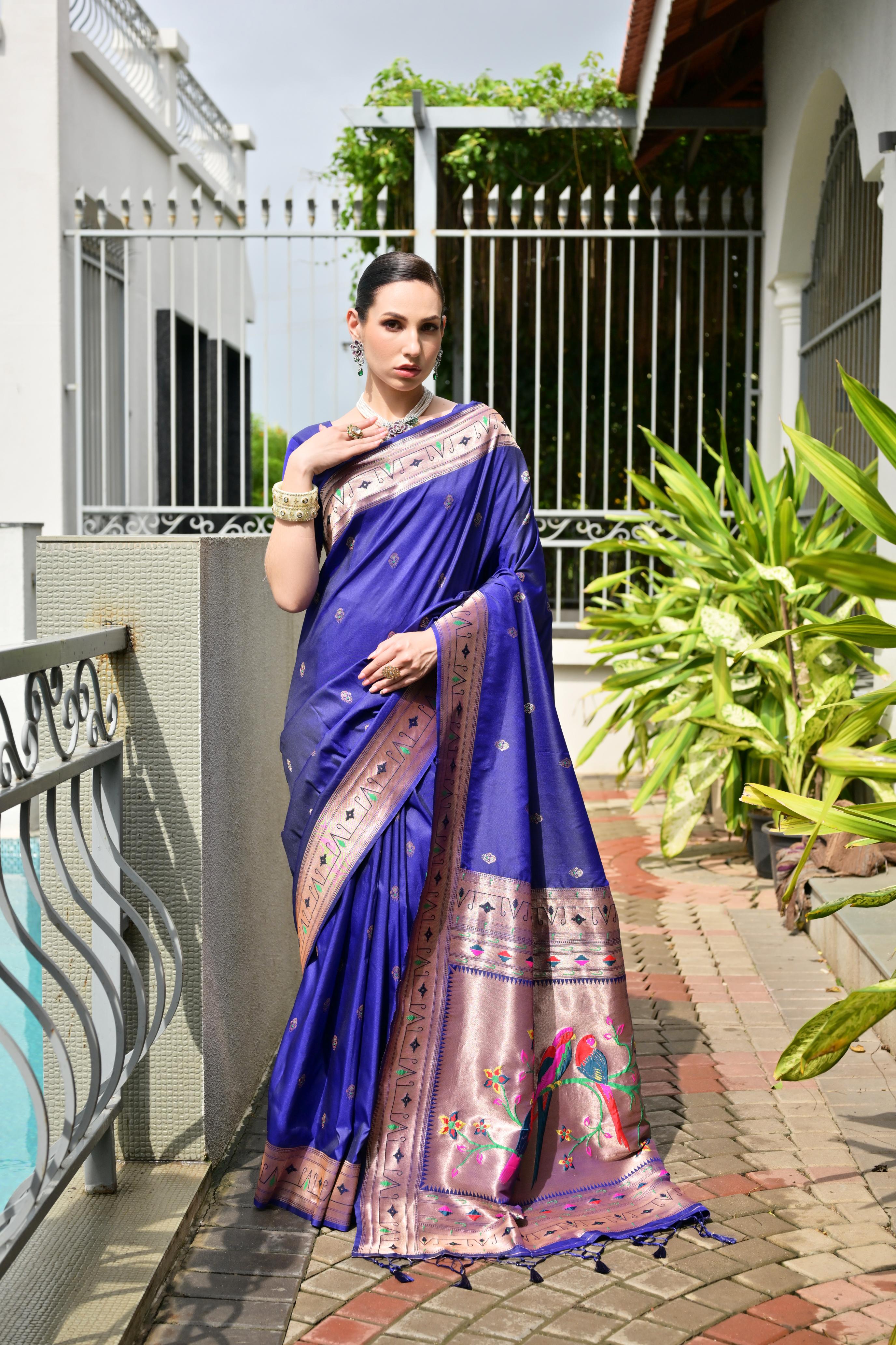 Buy MySilkLove Zodiac Blue Woven Paithani Saree Online