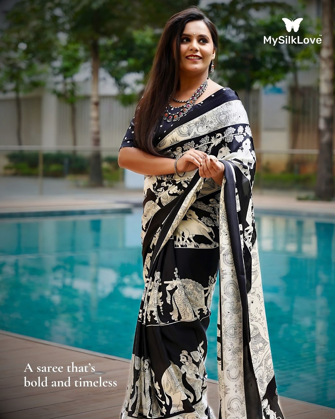 Buy MySilkLove Asher Black and White Patola Printed Satin Crepe Saree Online